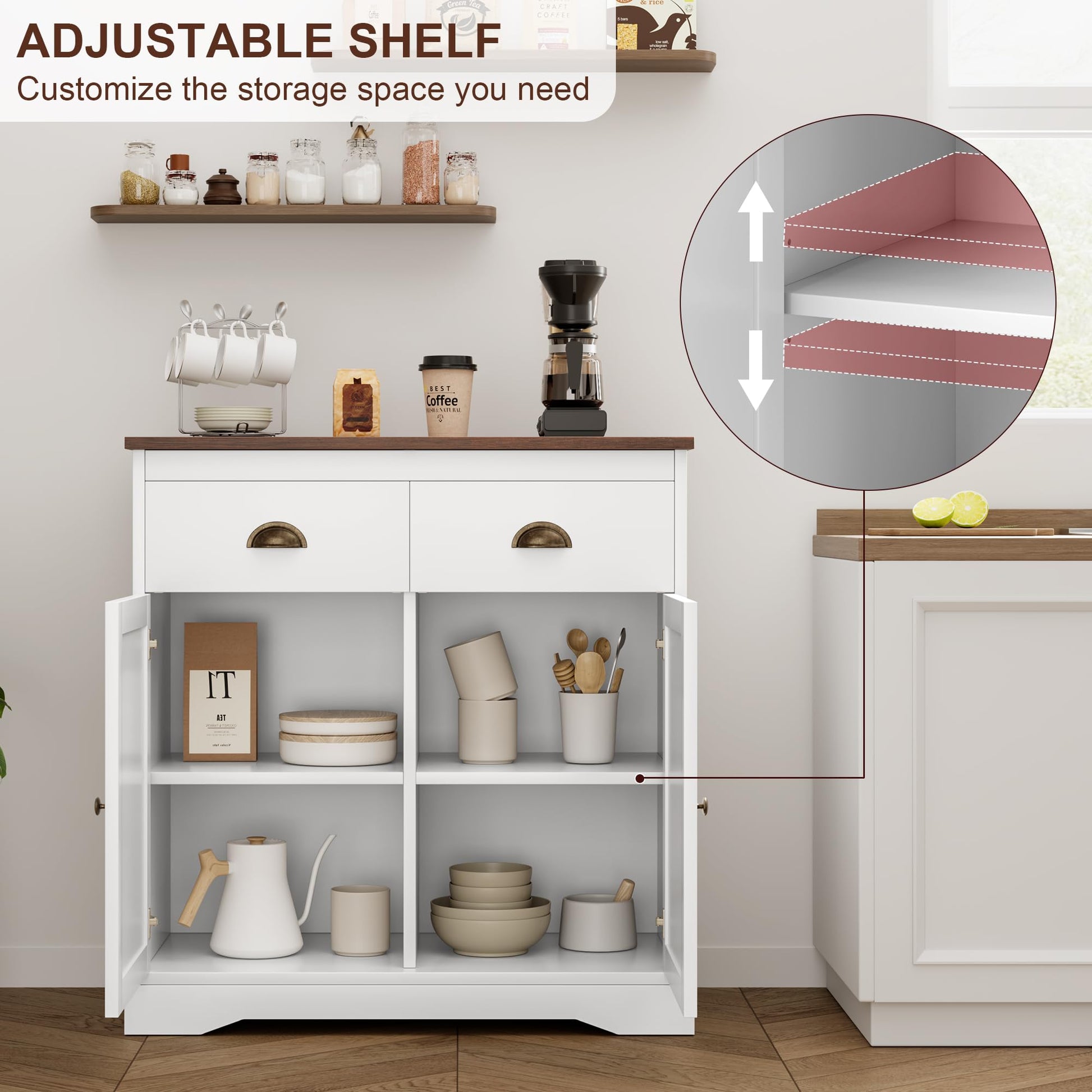Garvee meuble bar à café, buffet moderne de style campagne avec 2 tiroirs, étagère réglable, double porte, blanc, bois, pour cuisine et salle à manger