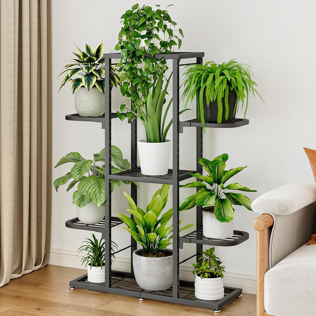 Garvee support à plantes 7 niveaux en métal, pieds réglables, format d’angle, salon, balcon et jardin, gris