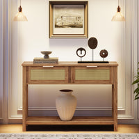 Garvee console style ferme en rotin avec 2 tiroirs et porte coulissante en rotin naturel, idéale pour le salon et l'entrée, 109 × 30 × 79 cm, couleur bois