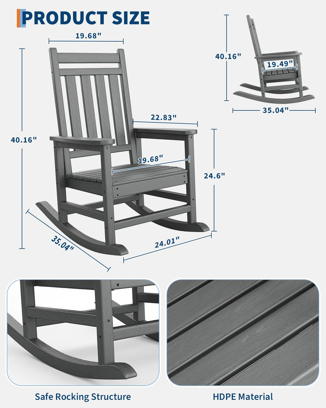 Garvee Chaise à bascule d’extérieur en PEHD effet bois, dossier haut, base stable, résistante aux intempéries, gris, terrasse et porche