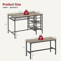 Ensemble de salle à manger Garvee pour 4 personnes avec casier à vin et rangement, métal et bois, gain de place, robuste, 2 bancs, idéal pour les petits espaces
