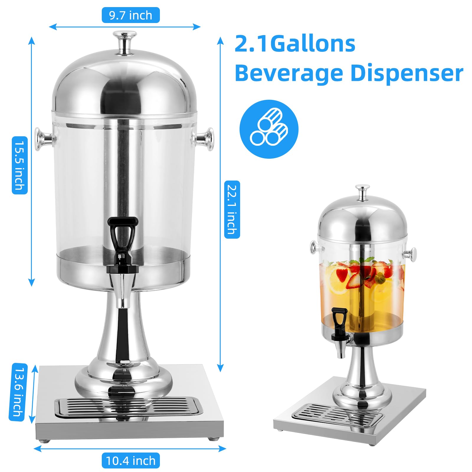 Garvee Distributeur de Boissons 8,3 L avec Bac à Glaçons, Support en Acier Inoxydable, Robinet et Bac d’Égouttement, Argenté, pour Fêtes et Mariages