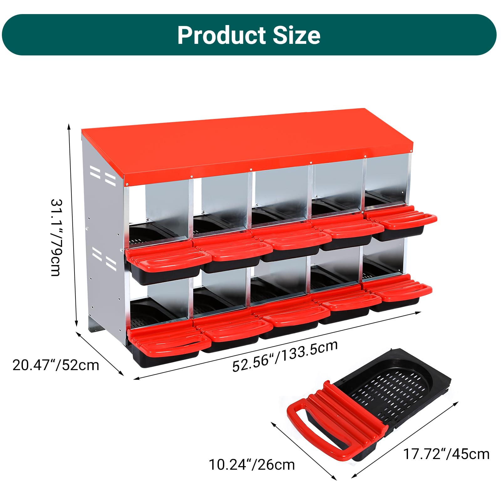 Garvee Pondoir pour Poules 10 Compartiments, Acier Galvanisé 0,7 mm avec Couvercle Émaillé et Bacs en Plastique Amovibles, Design Incliné, Nettoyage Facile, Rouge