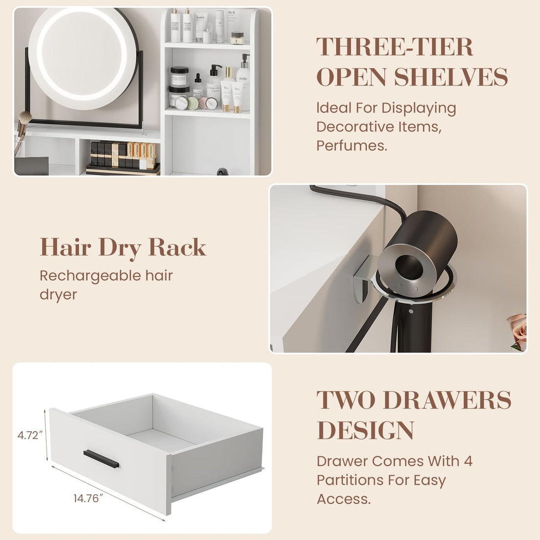 Garvee Grande coiffeuse avec rotation à 360°, éclairage et tabouret pour chambre à coucher, noir et blanc moderne