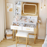 Garvee schminktisch avec LED miroir réglable 4 tiroirs MDF robuste station de charge intégrée blanc or chambre - Blanc