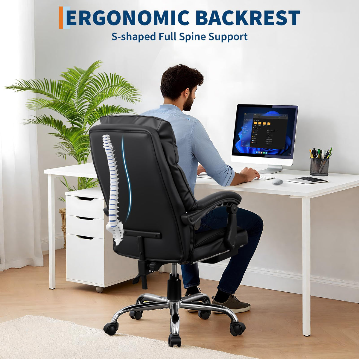 Chaise de bureau Garvee en cuir PU, ergonomique et réglable, avec repose-pieds, structure en métal et pivotement à 360°, idéale pour la maison, le bureau et les jeux vidéo (noir).