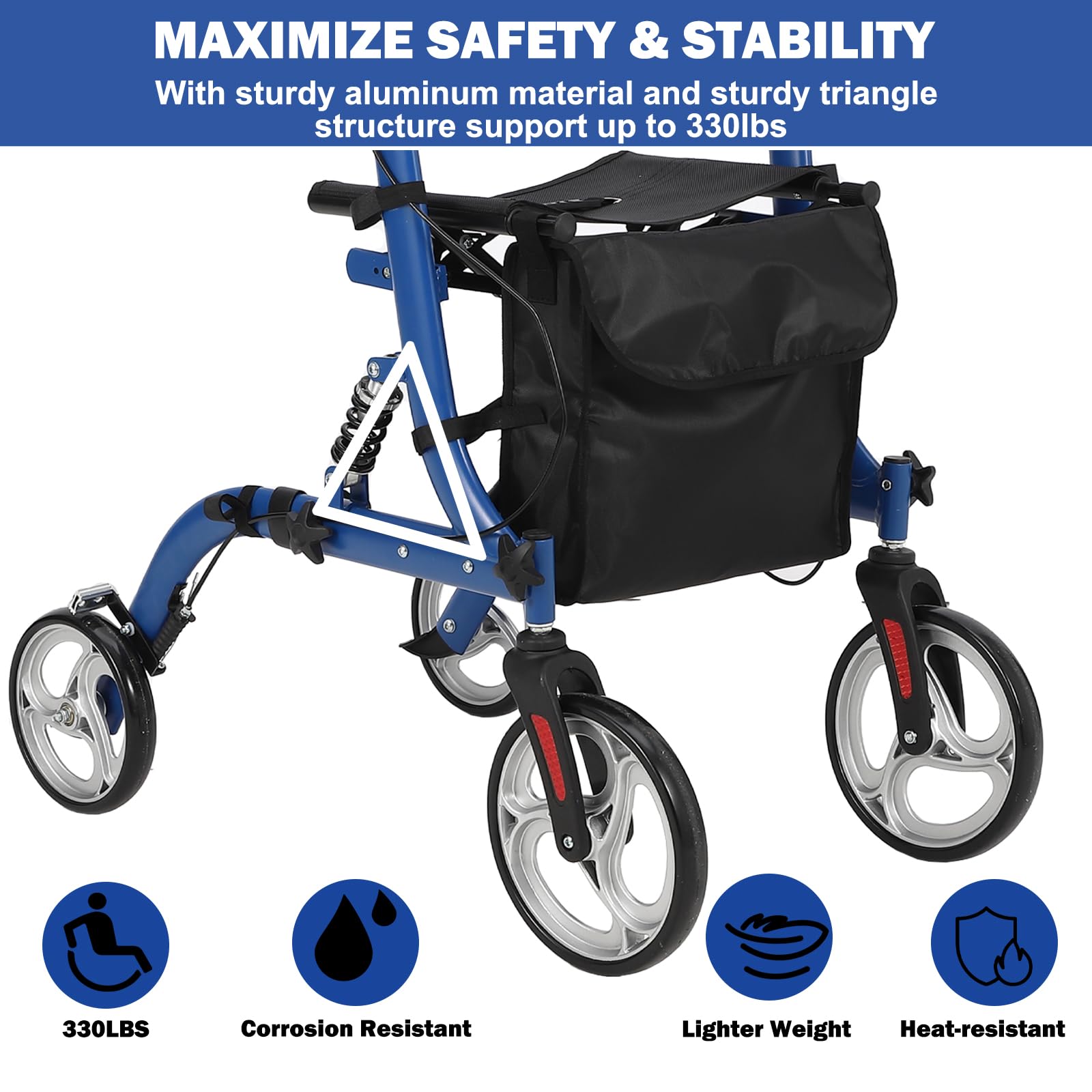 Garvee Déambulateur senior pliable en aluminium léger, roues 30 cm avec amortisseurs, siège rembourré, hauteur réglable, intérieur/extérieur, bleu et noir