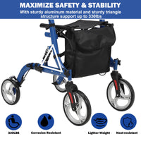Garvee Déambulateur senior pliable en aluminium léger, roues 30 cm avec amortisseurs, siège rembourré, hauteur réglable, intérieur/extérieur, bleu et noir