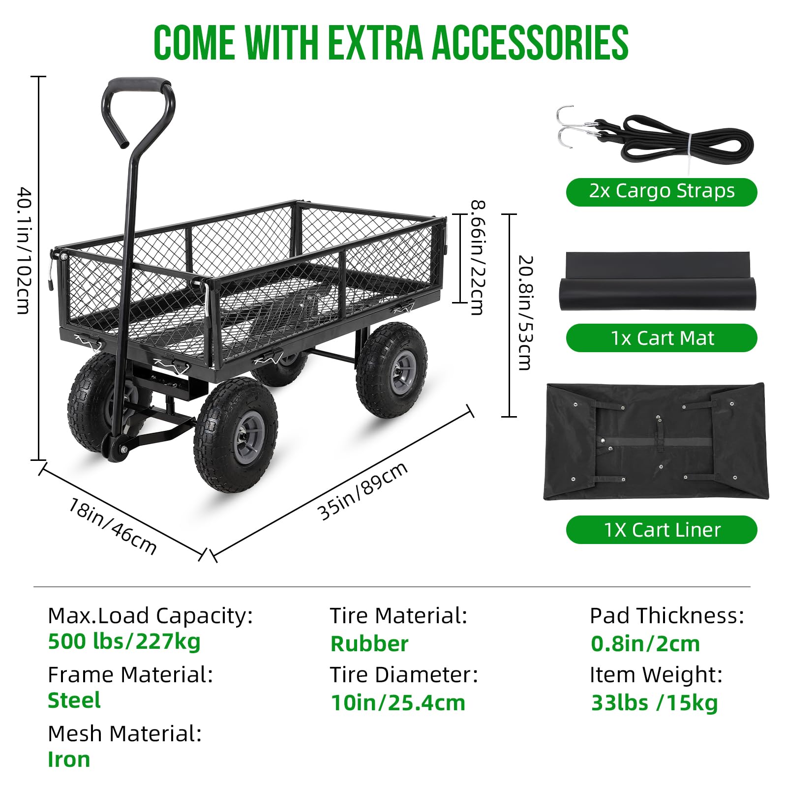 Chariot de jardin Garvee en acier robuste, pliable, capacité de charge de 227 kg, insert amovible, pneus pneumatiques de 20 cm, poignée ergonomique, polyvalent au jardin