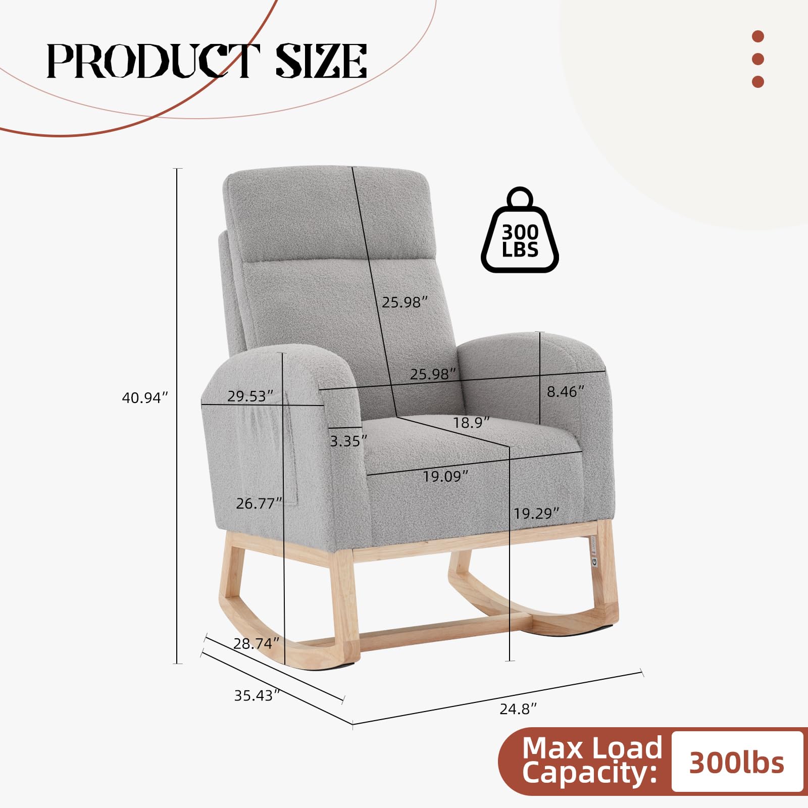 Garvee fauteuil à bascule en tissu Teddy avec dossier haut de 66 cm, ergonomique et stable, pour chambre d'enfant et salon