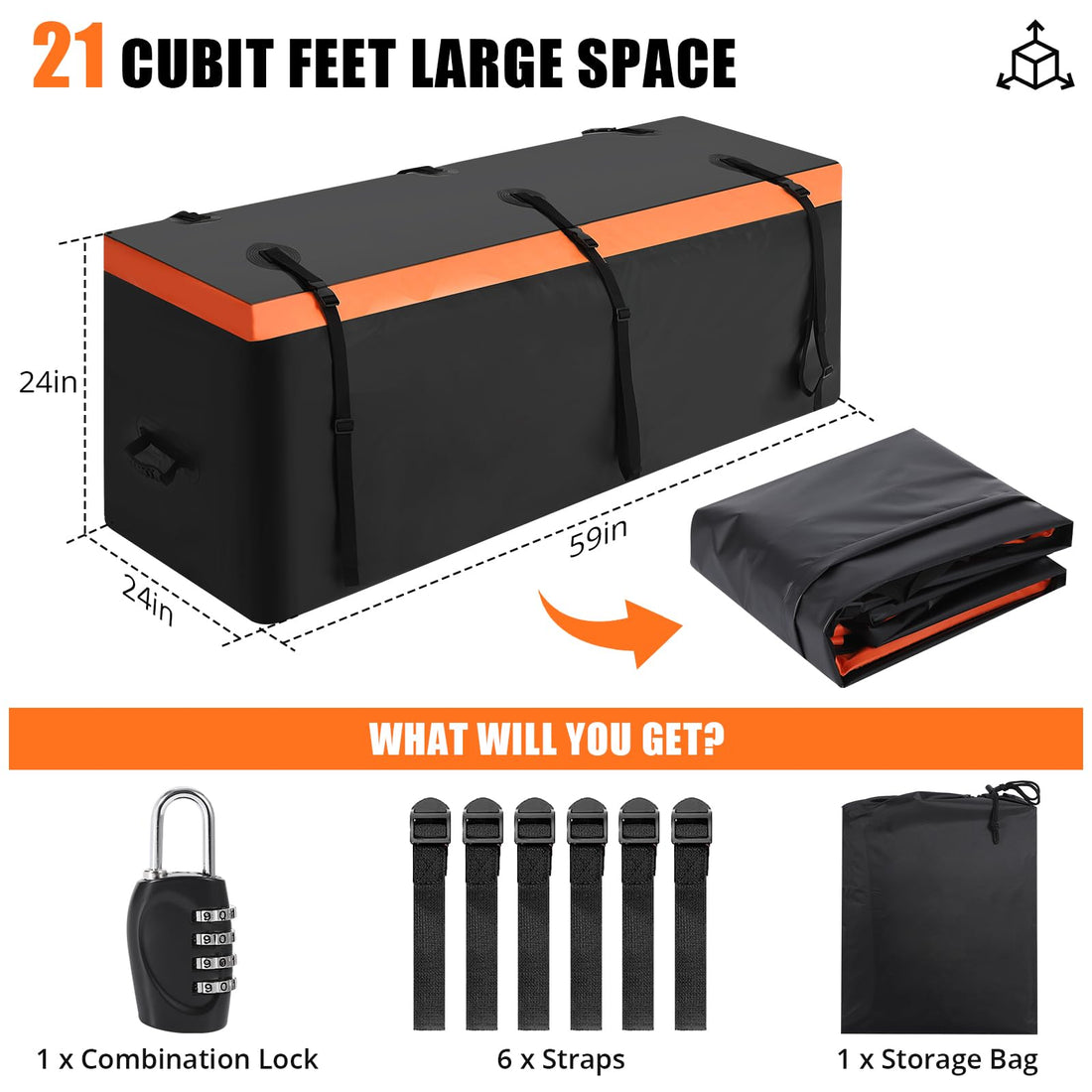 Sac de transport Garvee pour attelage, 21 pi³, bâche PVC imperméable et résistante, 8 sangles renforcées, pour voiture, camion, VUS, camping, noir