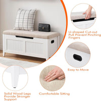 Banc de rangement Garvee 39,4 po avec coussin, charnières de sécurité, coffres de rangement, bois aggloméré, blanc, pour couloir et salon