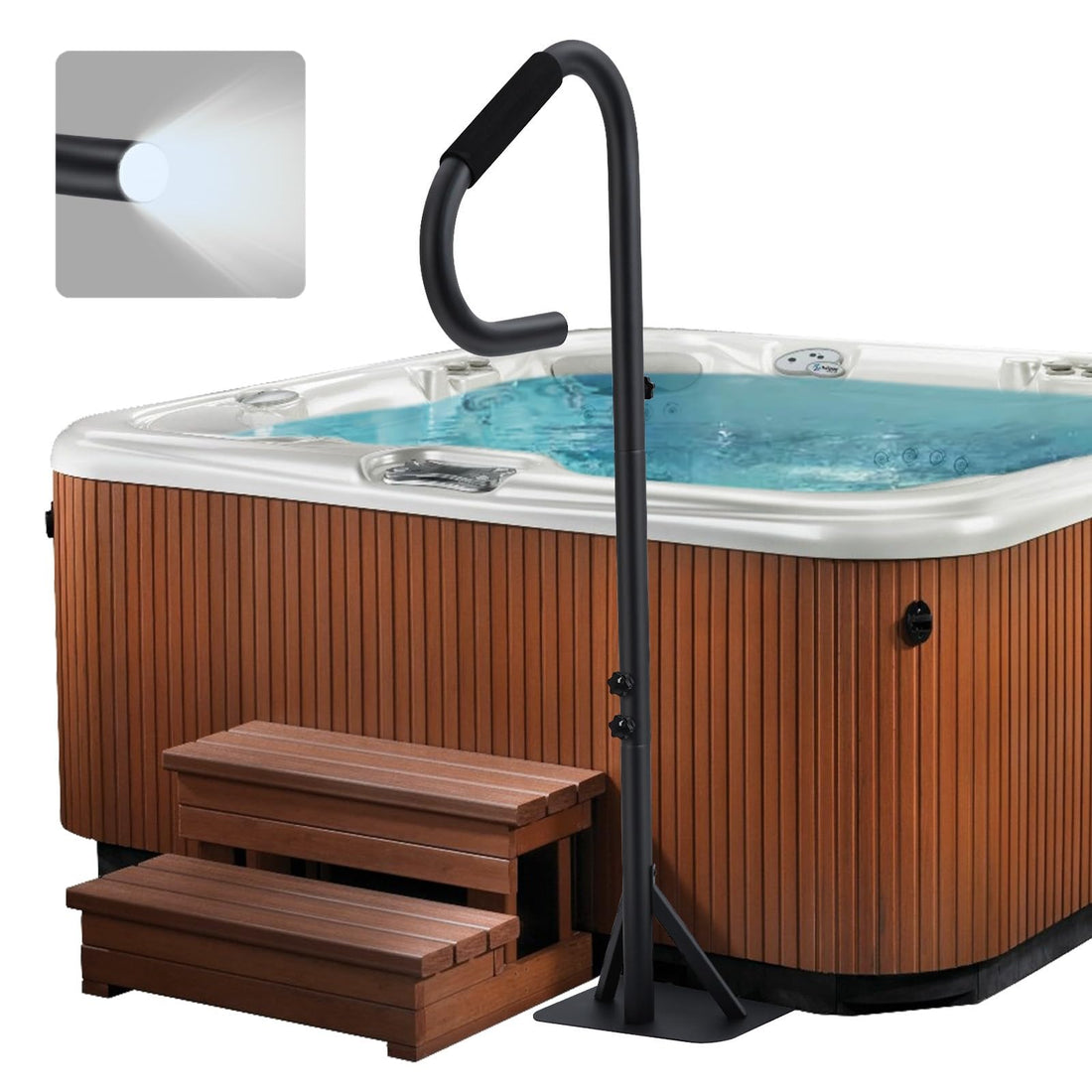Rambarde de spa Garvee avec éclairage LED, rotative à 360°, réglable en hauteur de 35 à 57 pouces, en acier au carbone, revêtement antidérapant, porte-serviettes, pour une utilisation intérieure et extérieure.