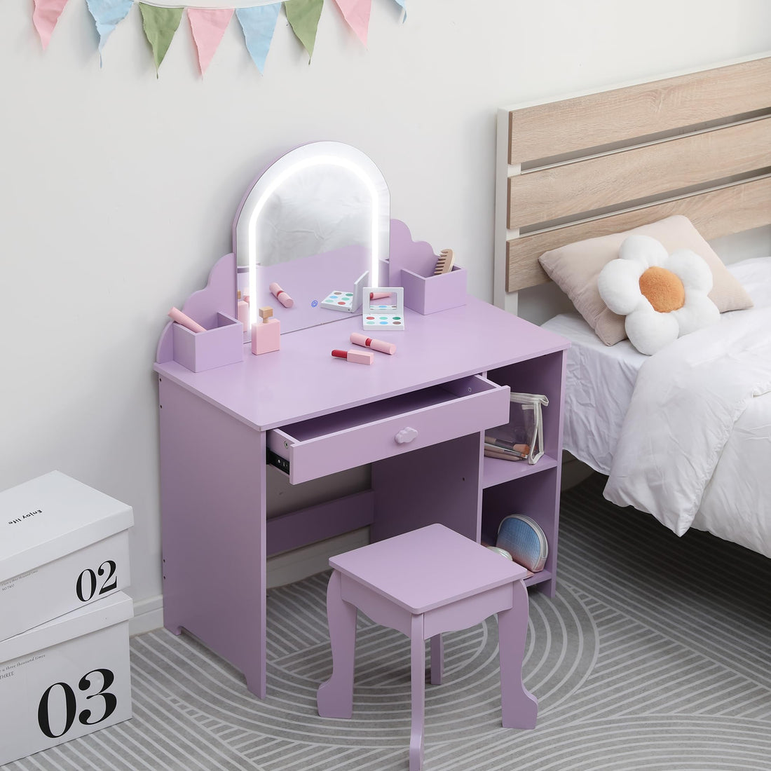 Coiffeuse Garvee pour enfants avec miroir lumineux, 2 en 1 (coiffeuse et tabouret inclus), pour filles de 3 à 9 ans, en MDF, avec éclairage LED réglable et espace de rangement. Idéale pour la chambre et la salle de jeux. Couleur : blanc.