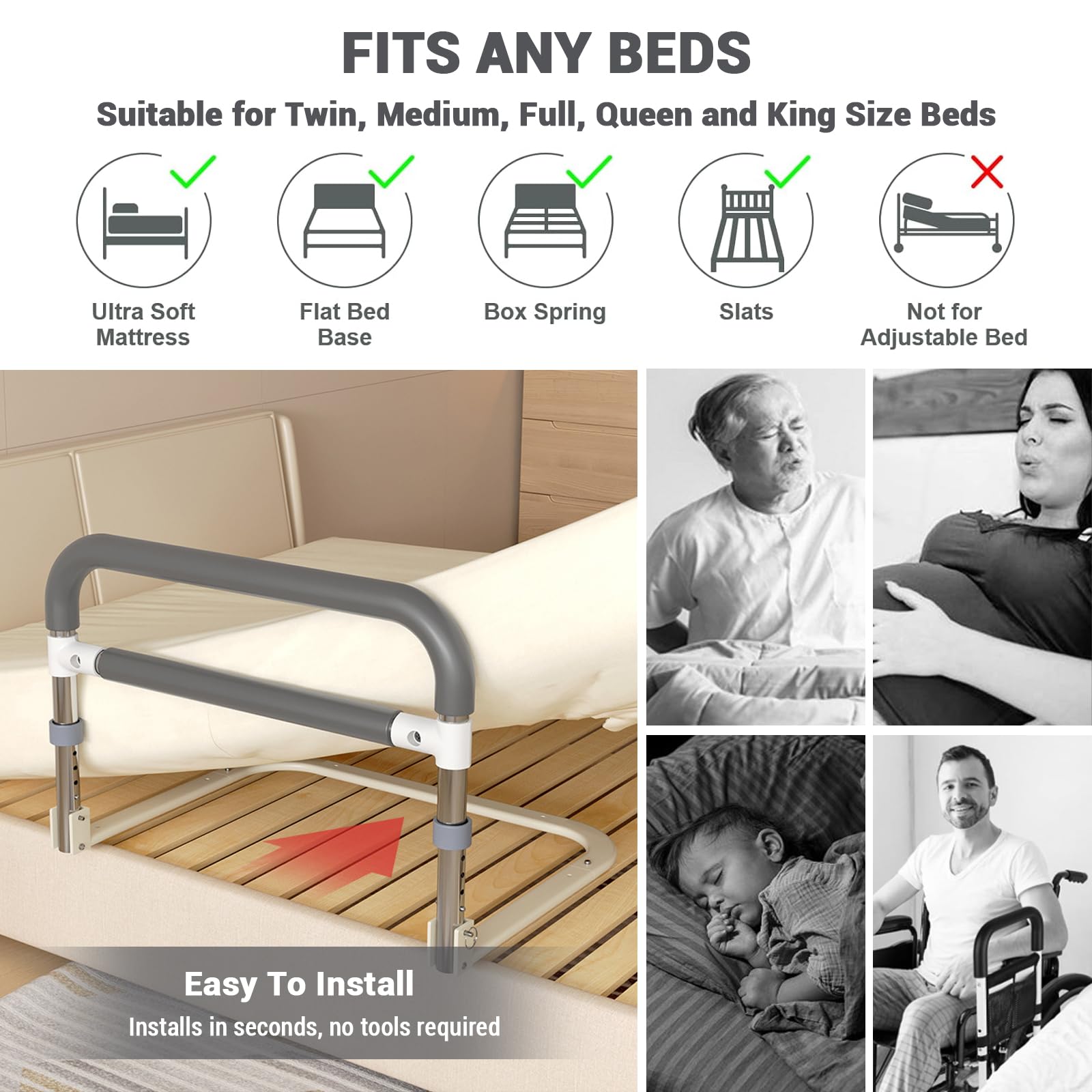 Barrière de lit Garvee pour seniors, réglable en hauteur, gris et blanc, 64 x 55 x 36,5 à 43,5 cm, protection antichute, robuste et sûre