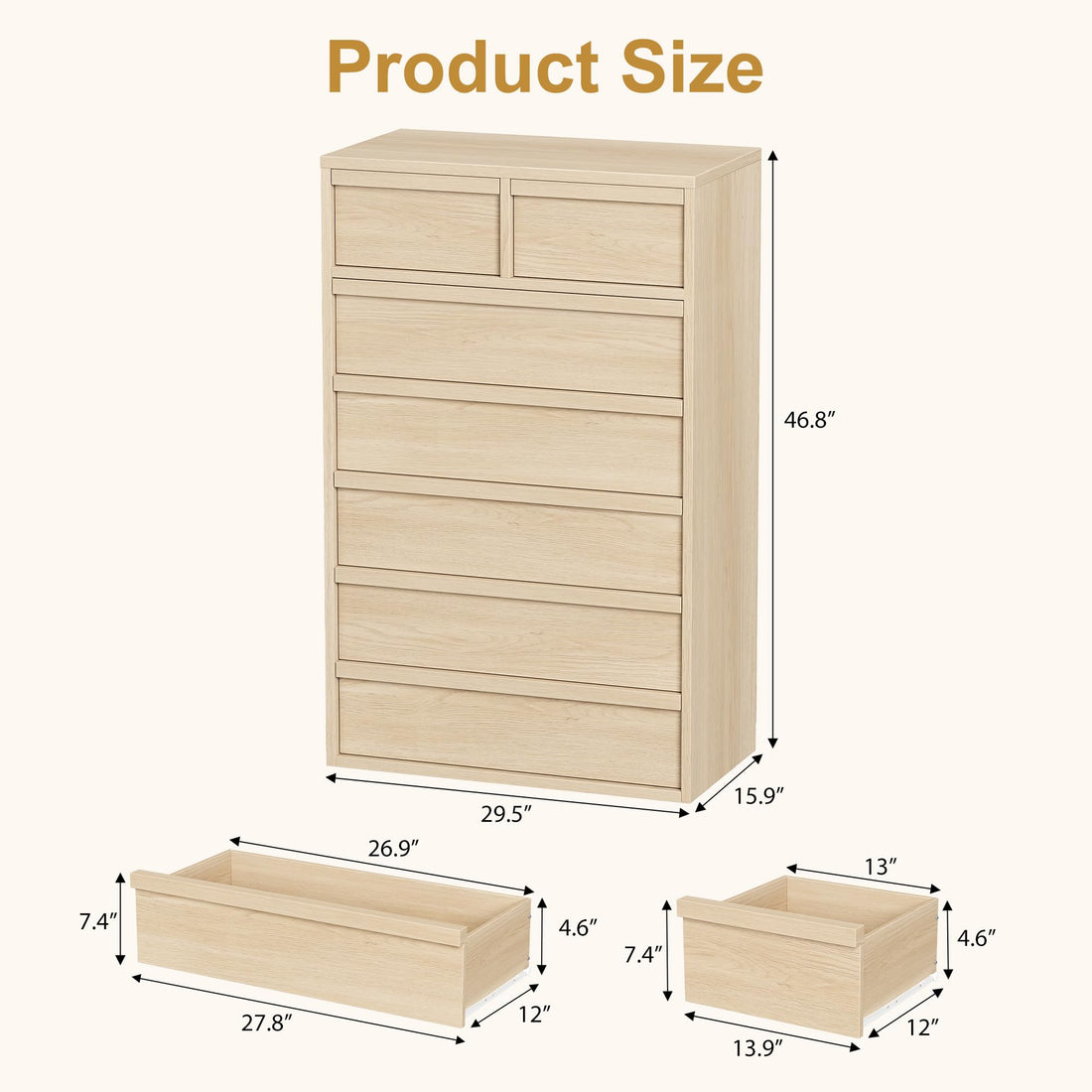 Garvee commode à 7 tiroirs, chêne naturel, pour la chambre, hauteur 117 cm
