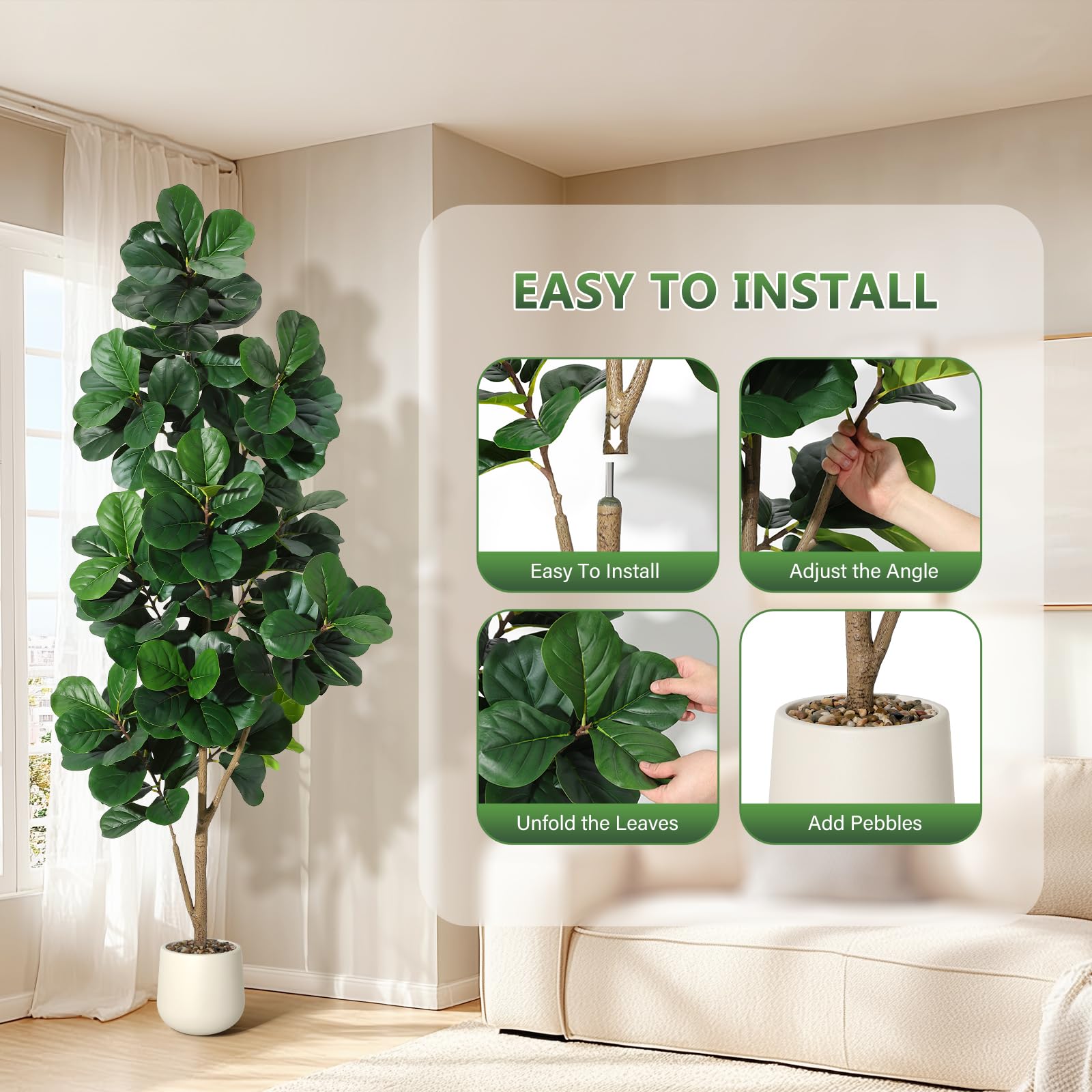 Ficus lyrata artificiel Garvee de 2,13 m (7 pi) avec 141 feuilles, pot blanc de 23 cm (9 po), décoration pour bureau et salon, feuilles en PVC et PE, design stable