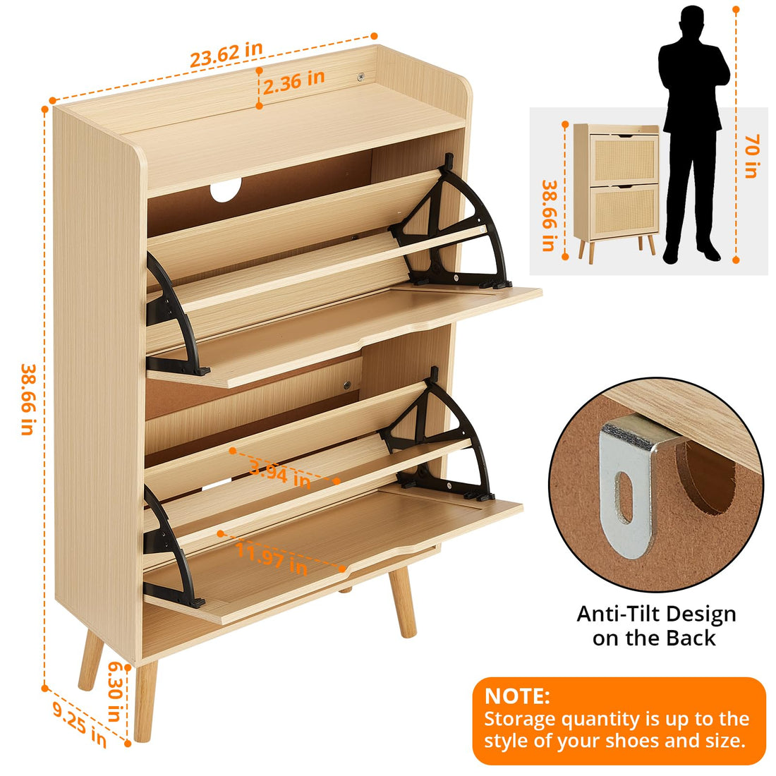 Meuble à chaussures Garvee avec 2 tiroirs pliables en rotin pour entrée et couloir, 98 x 60 x 23,5 cm, inodore, gain de place