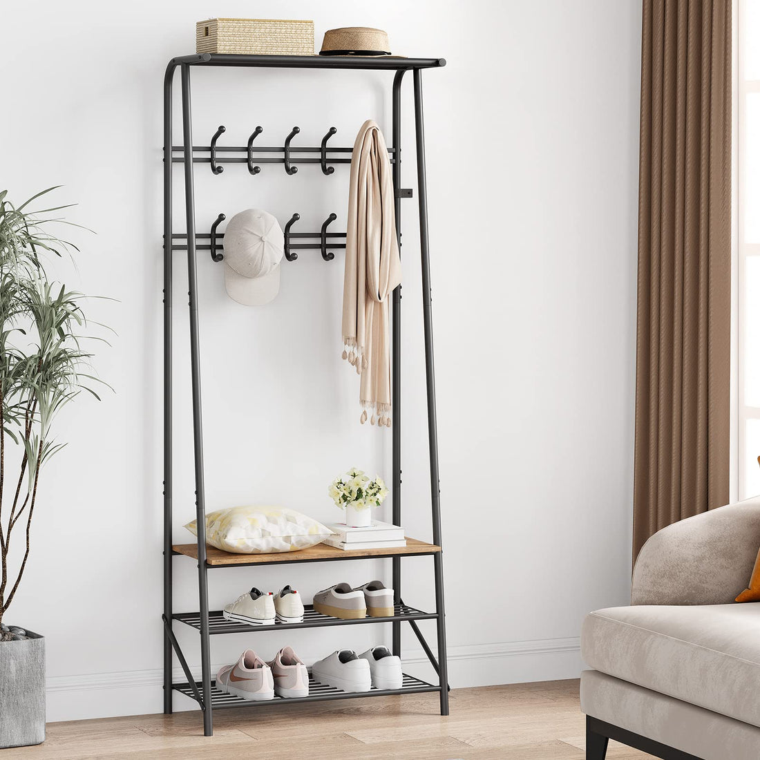 Banc d'entrée Garvee avec 10 crochets – Structure en métal, aspect bois, range-chaussures et siège 4 en 1 pour entrée et salon
