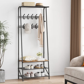 Banc d'entrée Garvee avec 10 crochets – Structure en métal, aspect bois, range-chaussures et siège 4 en 1 pour entrée et salon