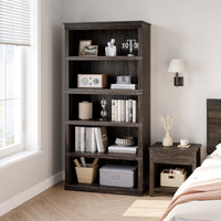 Étagère en bois Garvee à 5 niveaux (3+2 étagères), style ferme, en MDF et bois massif, marron, idéale pour le salon ou le bureau.
