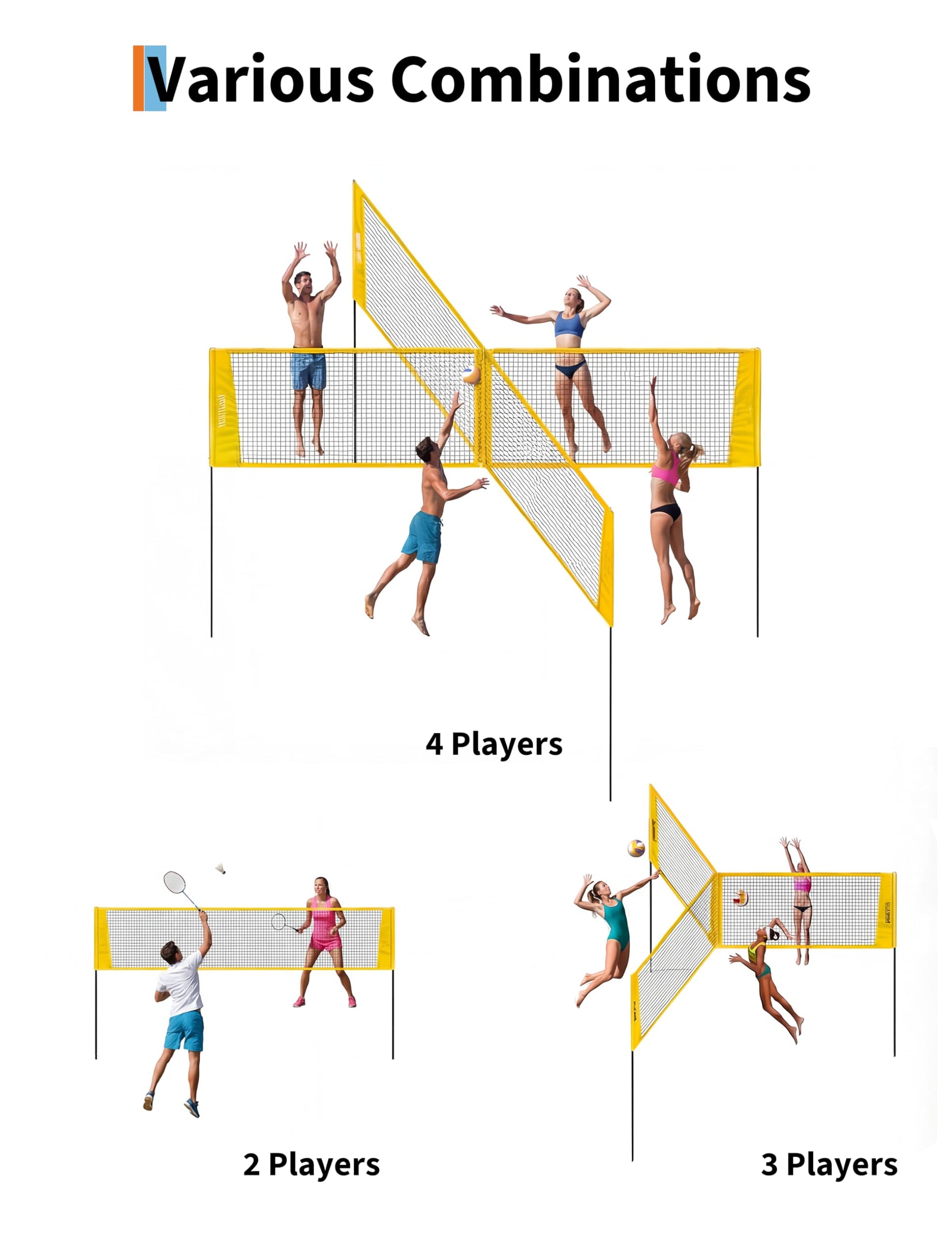 Ensemble de volley-ball Garvee 4 carrés avec filet de 4,27 m (14 pi) à 4 directions, 3 hauteurs réglables, filet en PE et poteaux en fer pour des moments de plaisir en famille en plein air, sac de transport inclus