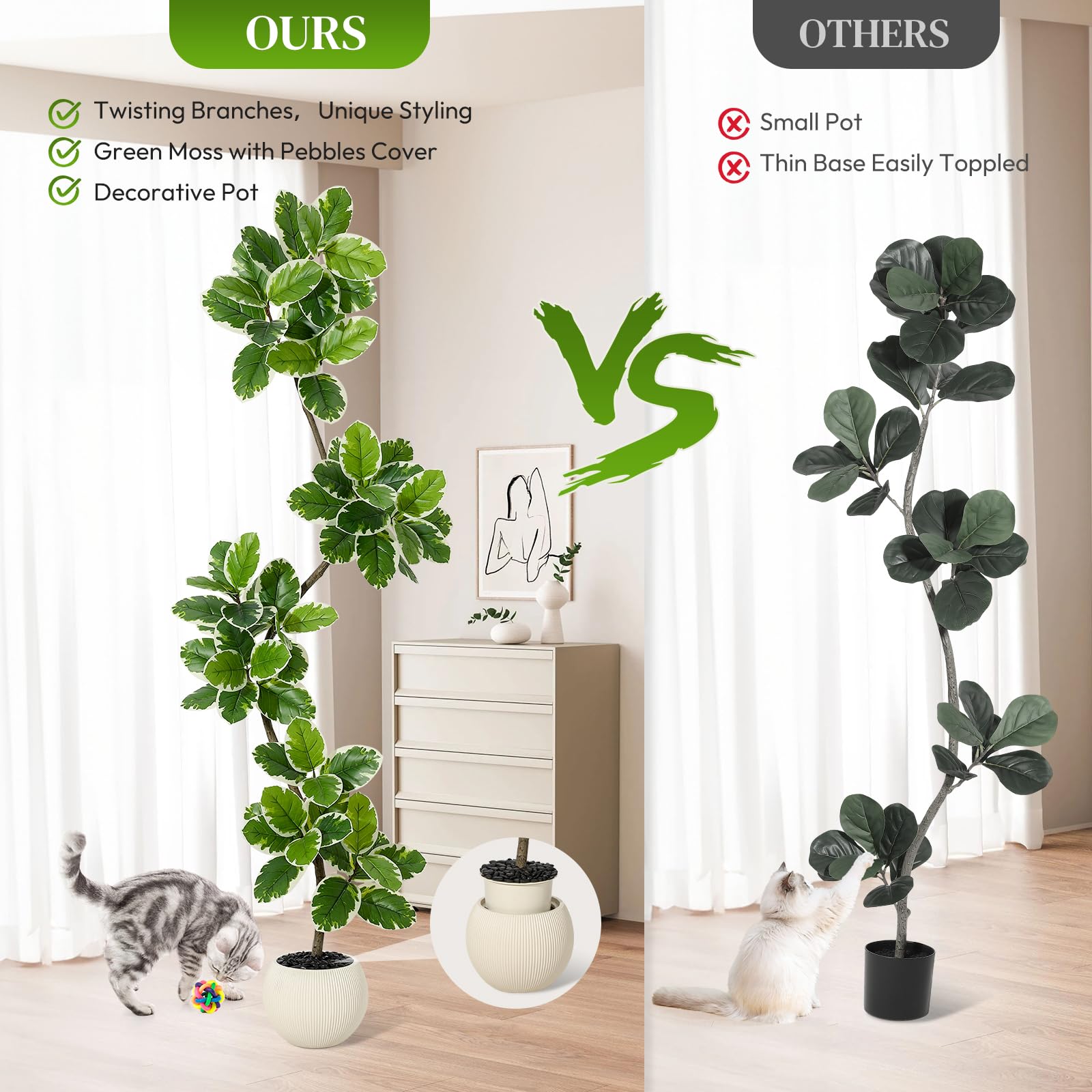 Ficus lyrata artificiel Garvee de 2,13 m (7 pi) avec pot en béton et mousse, idéal pour le salon et le bureau. Facile d'entretien, flexible, feuilles réalistes, vert.