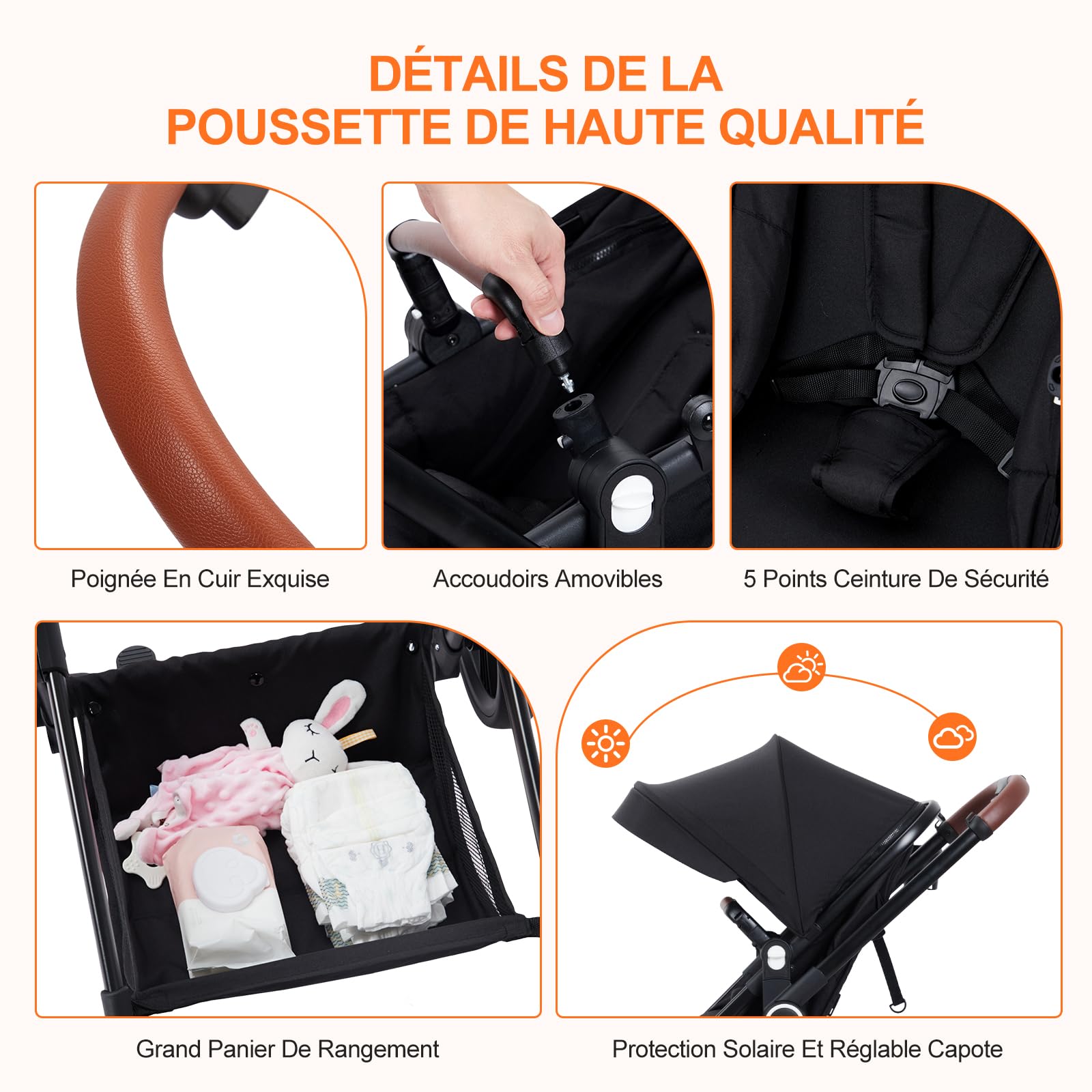 Garvee Poussette Bébé 2 en 1 S600, Assise Haute Vision, Système de Voyage Compact et Léger, Réversible, Pliable, Noir
