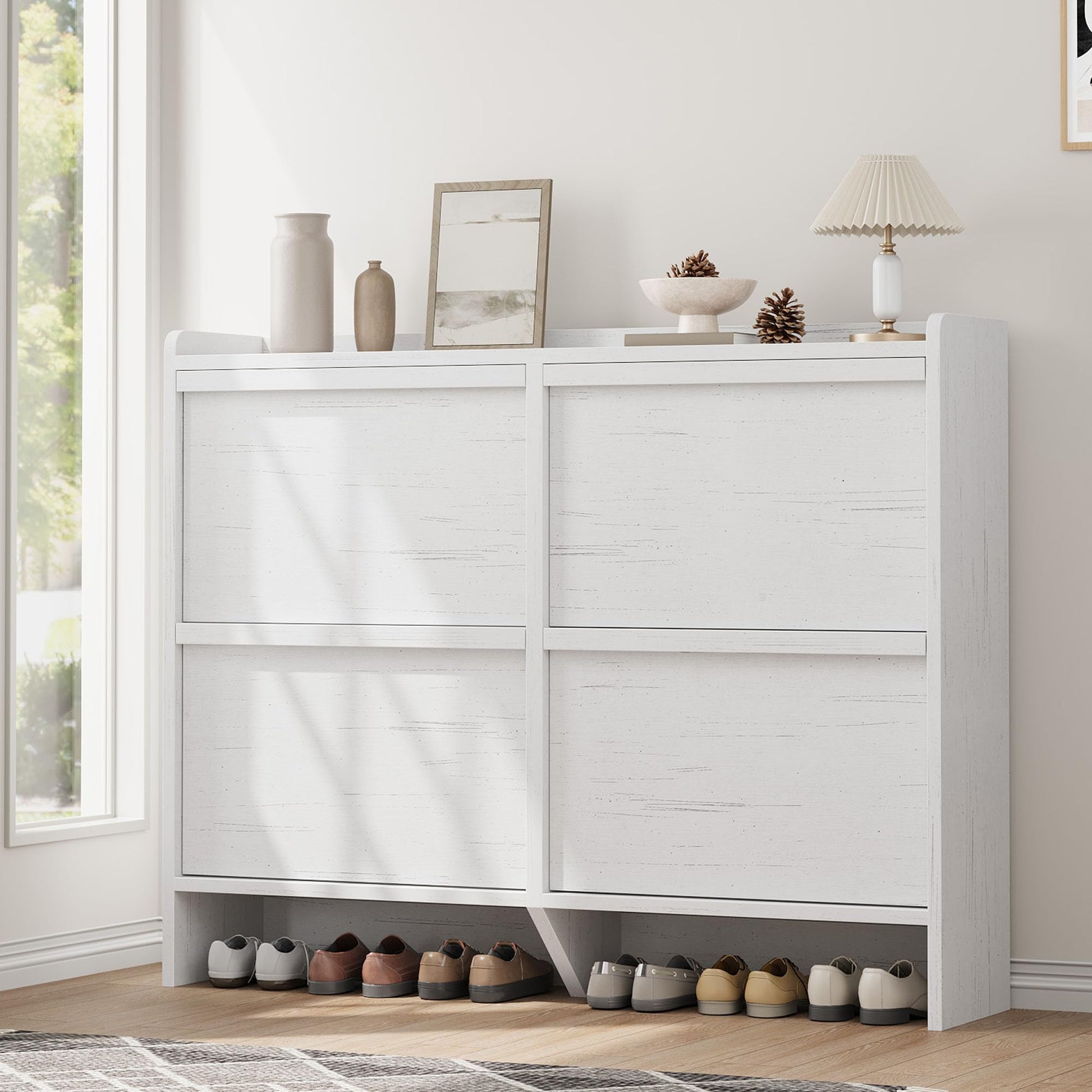 Garvee Meuble à chaussures 4 tiroirs abattants, MDF blanc, 120 × 26 × 93 cm, étagères réglables pour entrée et salon