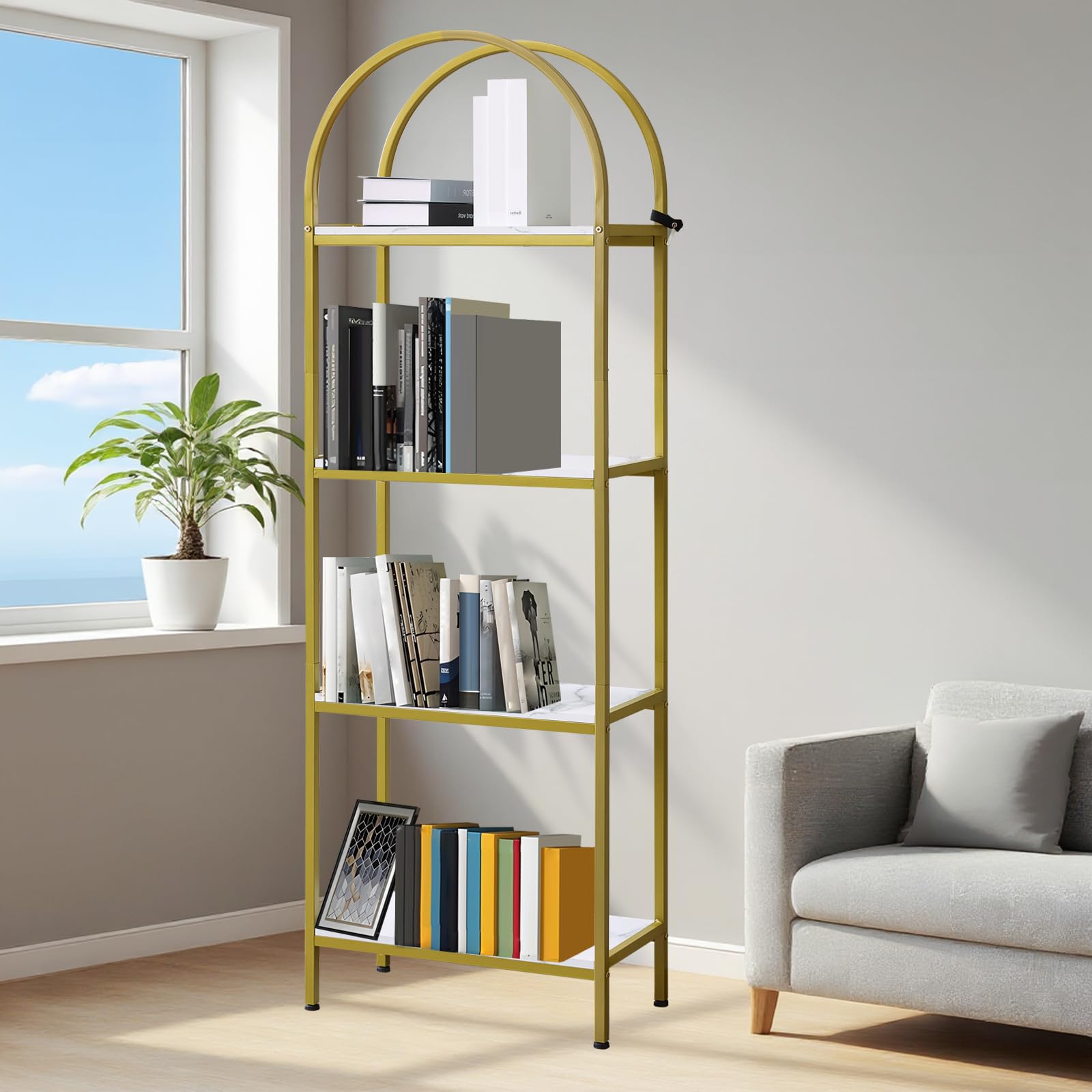 Garvee étagère à 4 niveaux avec arche, structure en métal, robuste, idéale pour le salon et le bureau, 183 × 61 × 30 cm, design moderne