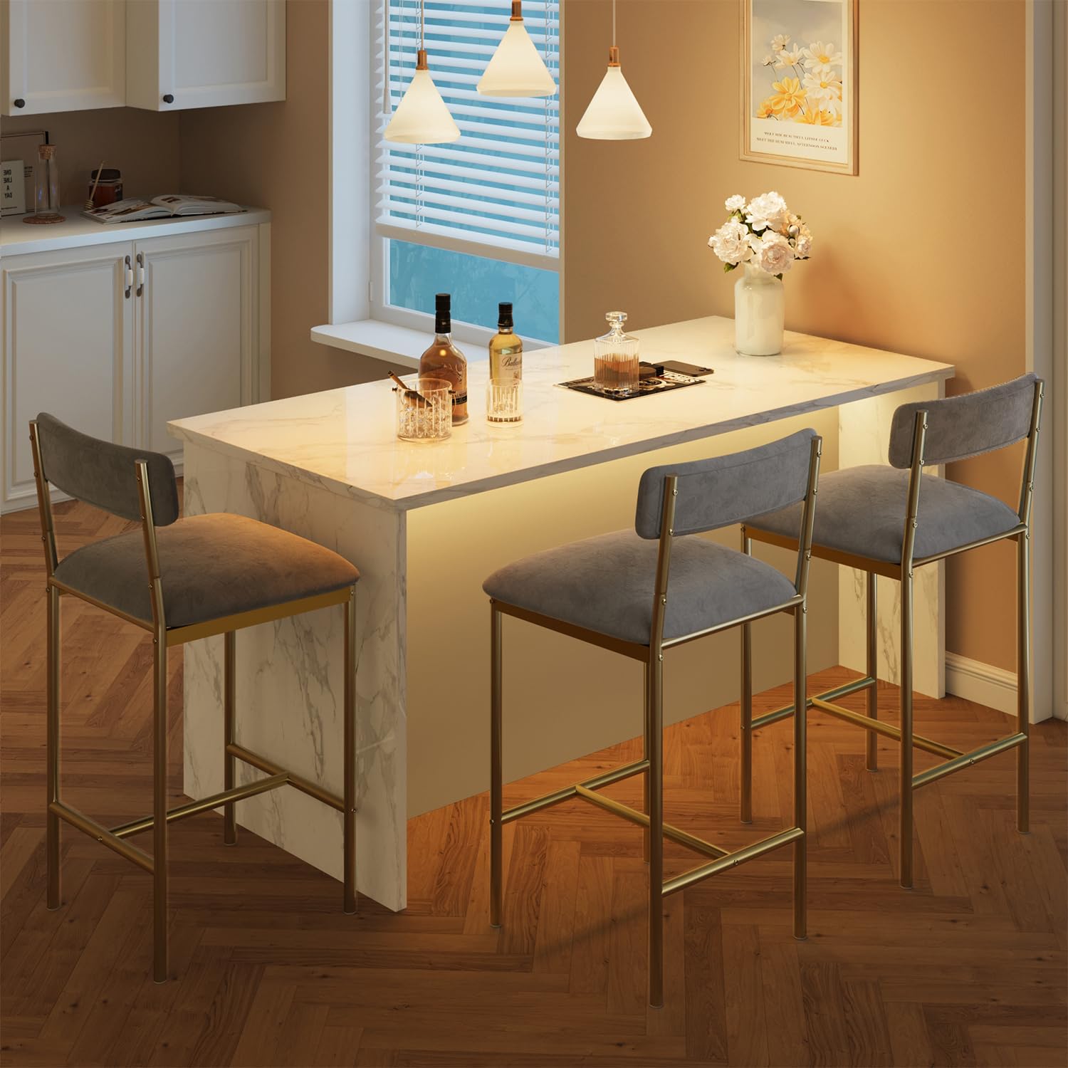 GARVEE Lot de 2 tabourets de bar 94 cm, assises et dossier en PU doré, pour cuisine et salle à manger