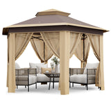 Garvee Tonnelle pop-up hexagonale 4 × 4 m, moustiquaires, toile résistante aux UV et structure acier kaki pour jardin et terrasse - Kaki