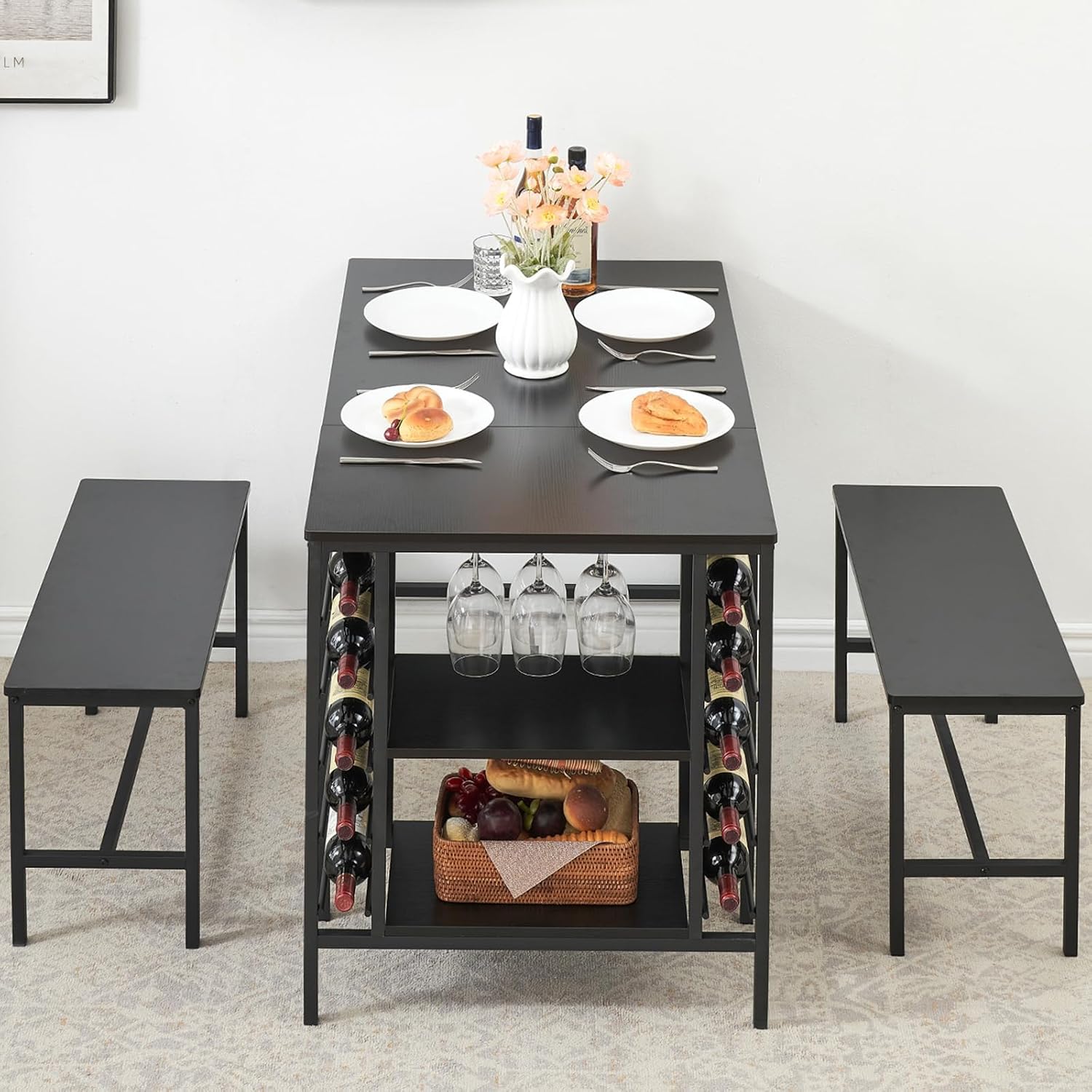 Ensemble de salle à manger Garvee pour 4 personnes avec casier à vin, espace de rangement, métal et bois, gain de place, robuste, idéal pour les petites pièces