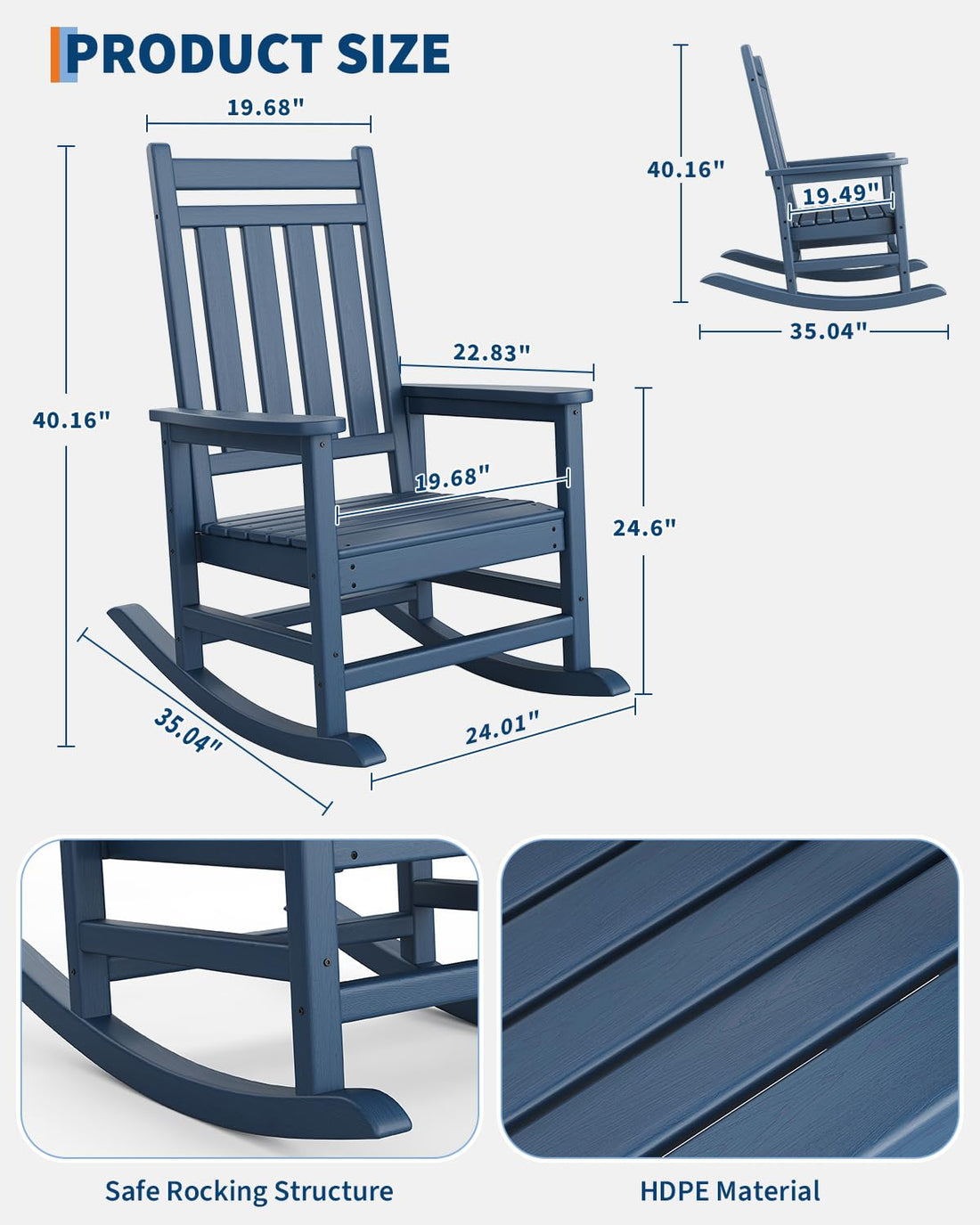 Garvee Chaise à bascule d’extérieur en PEHD effet bois, dossier haut, charge 172 kg, résistante aux intempéries, bleu marine, terrasse et patio