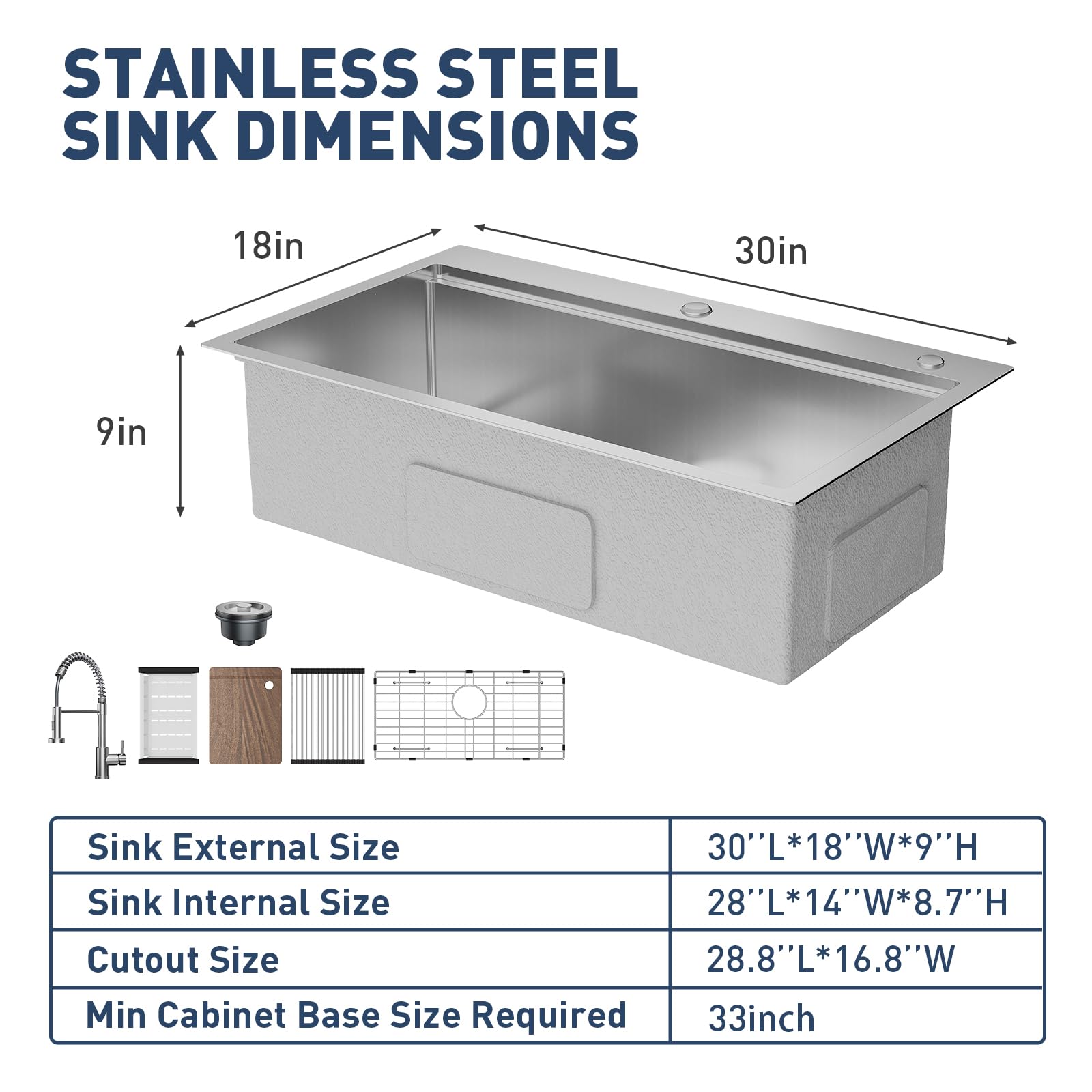 Garvee Évier encastrable en acier inoxydable 76 x 46 cm, cuve simple profonde 23 cm, kit d’accessoires inclus, idéal cuisine, bar et atelier, gris argenté