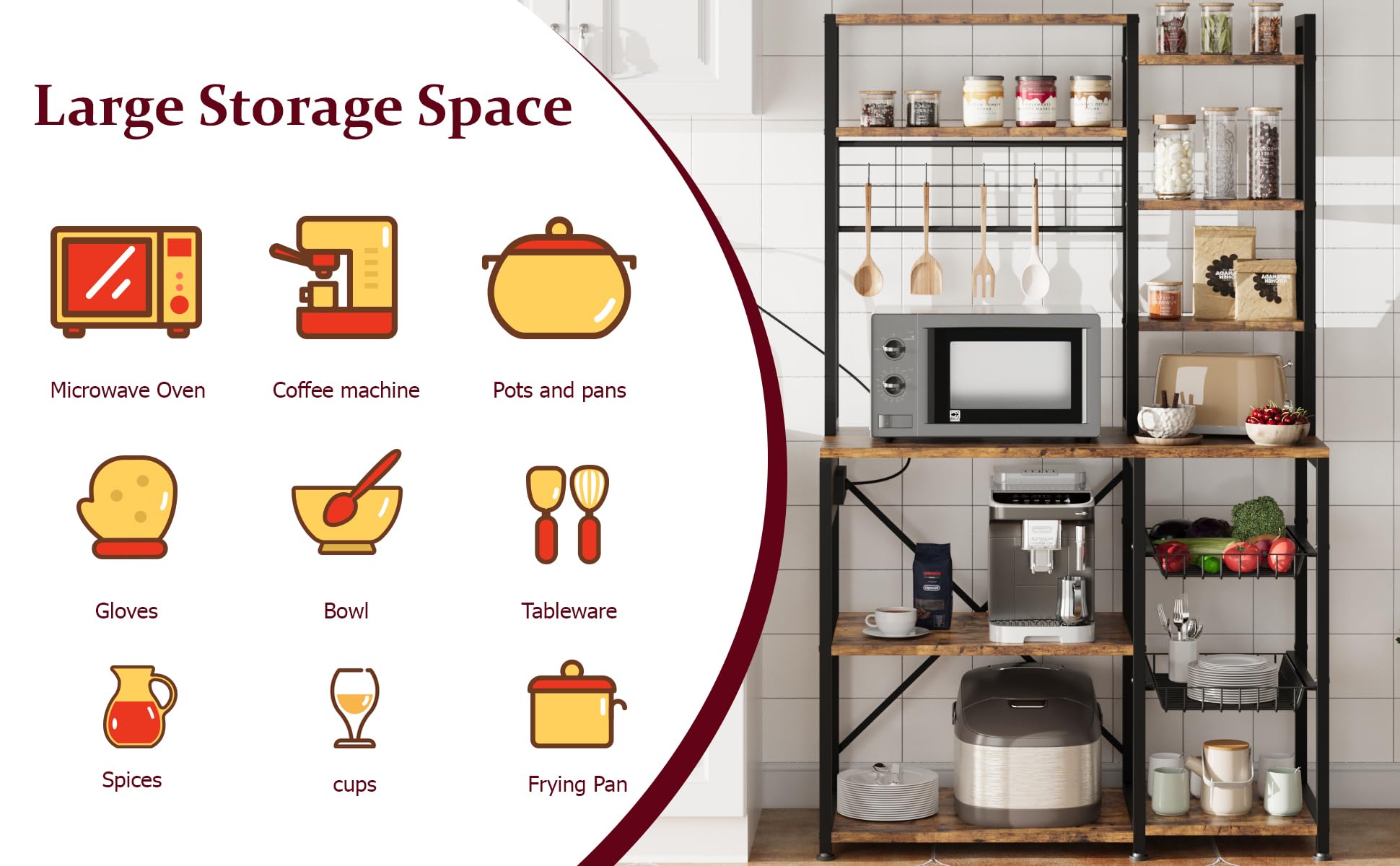 Garvee étagère de boulangerie avec prises électriques, support micro-ondes à 7 niveaux, structure en métal, étagères en bois, 90 × 40 × 178 cm, polyvalente et stable, rouge