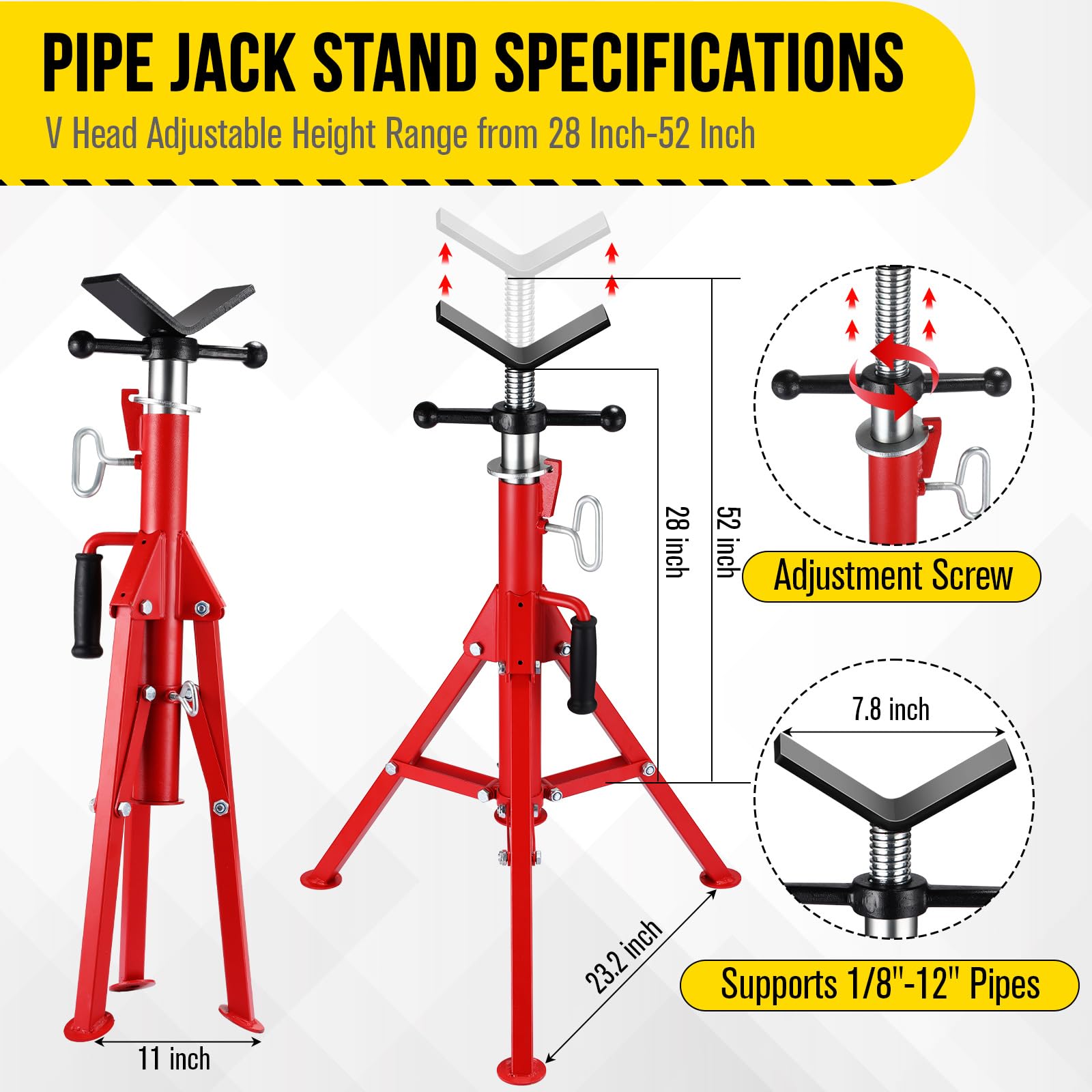 Support de levage de tuyaux Garvee à tête en V, robuste, 1134 kg (2500 lb), réglable de 71 à 132 cm (28 à 52 pouces), en acier, pliable, pour le soudage et la réparation automobile
