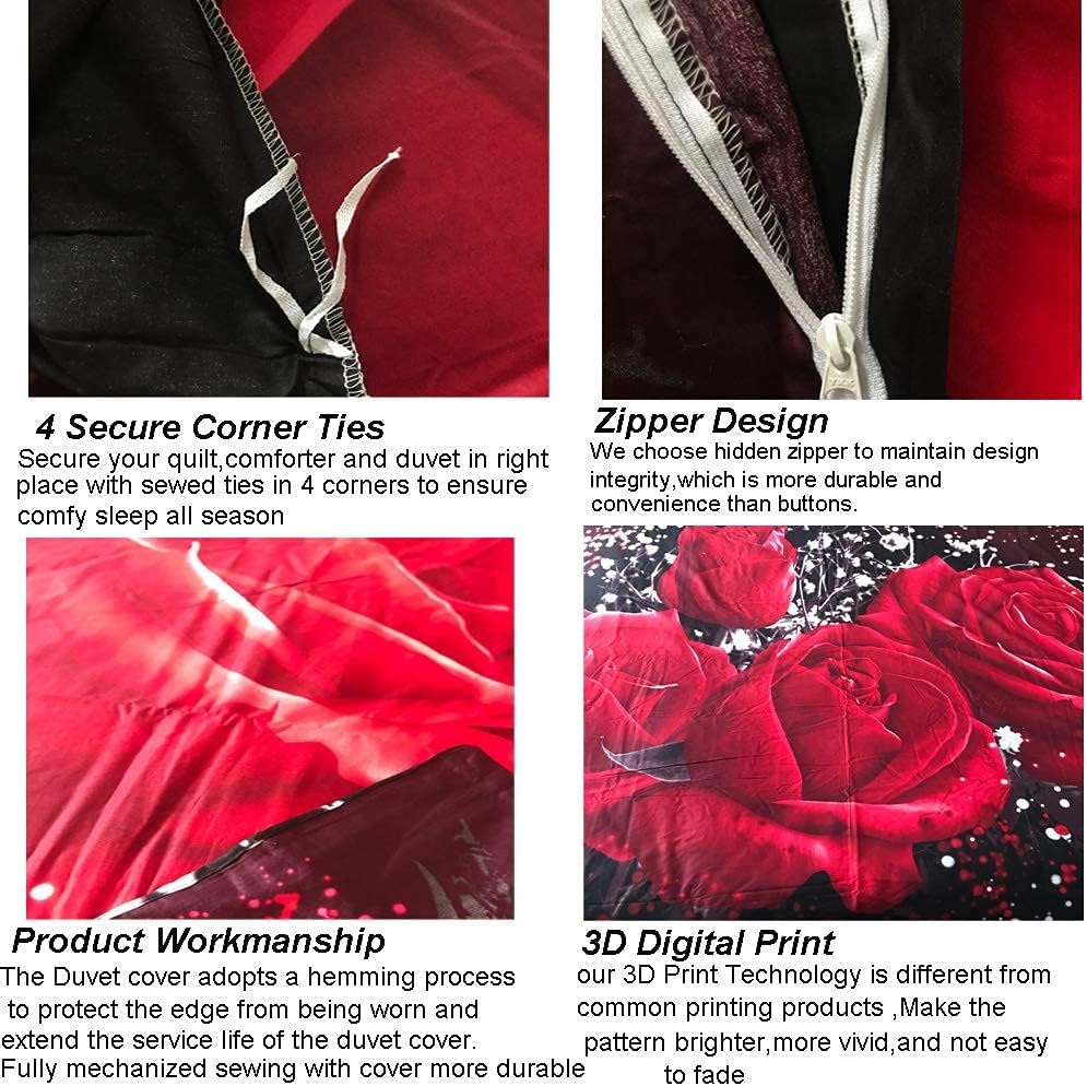Parure de lit 4 pièces Garvee avec motif floral 3D de grandes roses rouges, idéale pour une chambre nuptiale : housse de couette, drap-housse et taies d’oreiller, rouge.