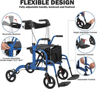 Garvee Rollator 2 en 1 pour seniors, aluminium pliable, roues anti-crevaison 25 cm, accoudoirs et repose-pieds amovibles, intérieur/extérieur, bleu et noir