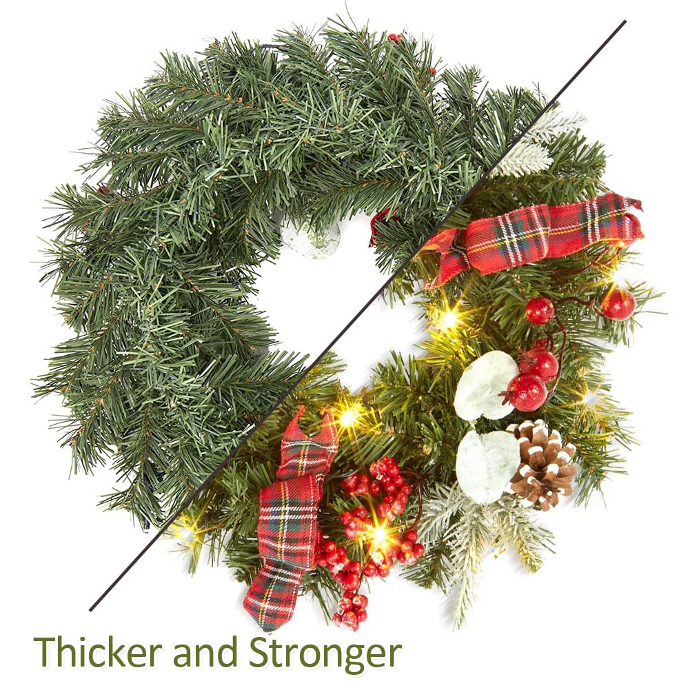 Couronne de Noël GARVEE 45 cm avec 15 lumières LED, pommes de pin et baies pour décorer portes et fenêtres, matériaux naturels, style champêtre festif