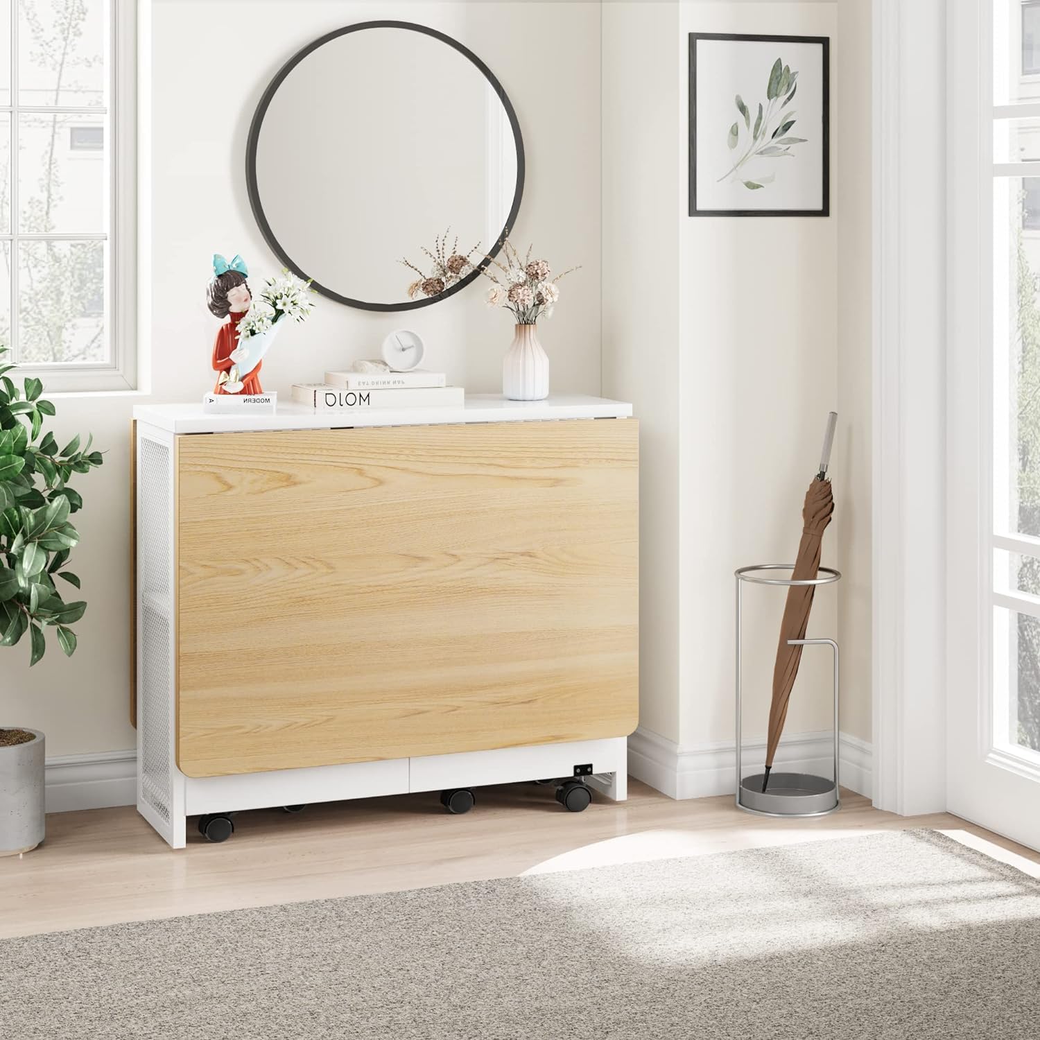 Garvee Table à Manger Pliante Blanche avec Rangement 2 Niveaux, Table de Cuisine Extensible à Rabats, Rectangulaire pour 4, Gain de Place