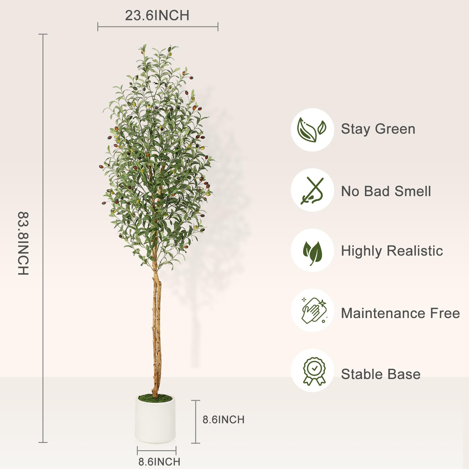 Olivier artificiel Garvee de 2,13 m (7 pi) avec 2 troncs en bois, 1152 feuilles en soie, pot en ciment blanc, décoration de salon, branches ajustables, vert réaliste