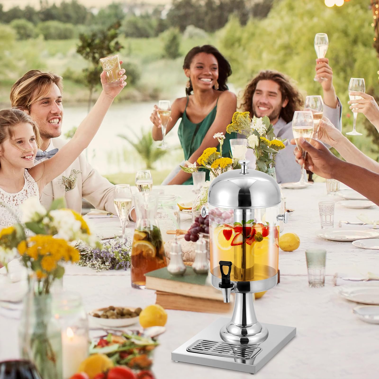 Garvee Distributeur de Boissons 8,3 L avec Bac à Glaçons, Support en Acier Inoxydable, Robinet et Bac d’Égouttement, Argenté, pour Fêtes et Mariages