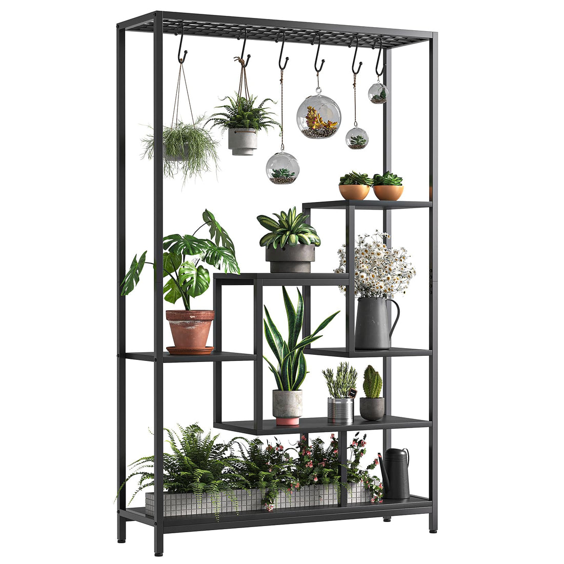 Support pour plantes d'intérieur Garvee, structure métallique à 5 niveaux avec crochets pour balcon et salon, 180 cm (70,9 pouces), noir