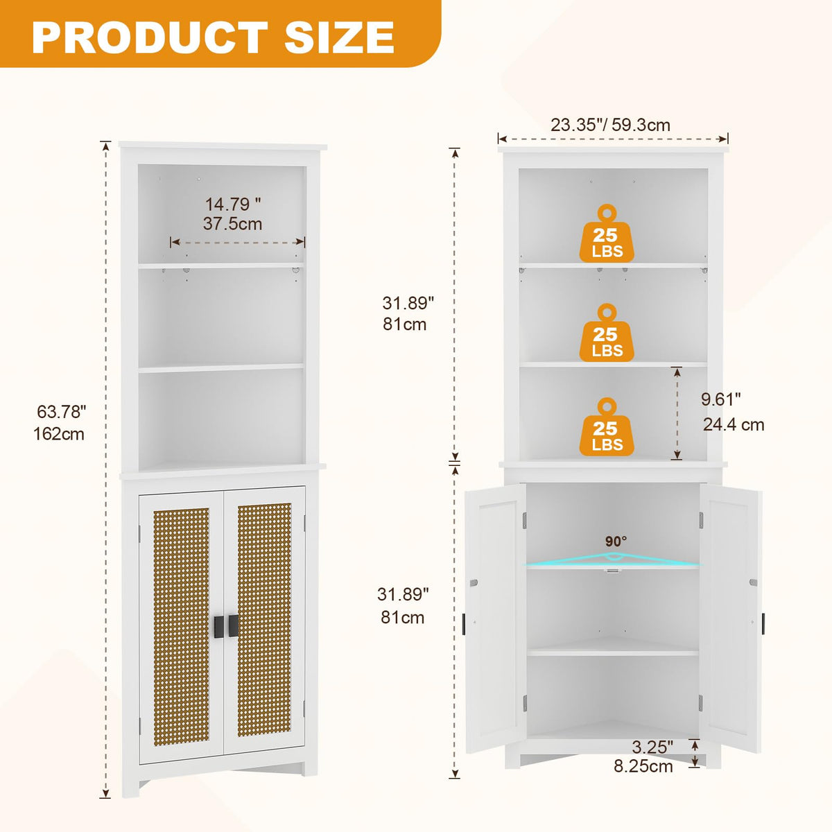 Garvee Meuble d'angle style ferme, 162, 5 cm de hauteur, 6 étagères et 2 portes coulissantes de style grange, étagère réglable, blanc, pour salon et salle de bain, bois, résistant à l'humidité, anti-basculement