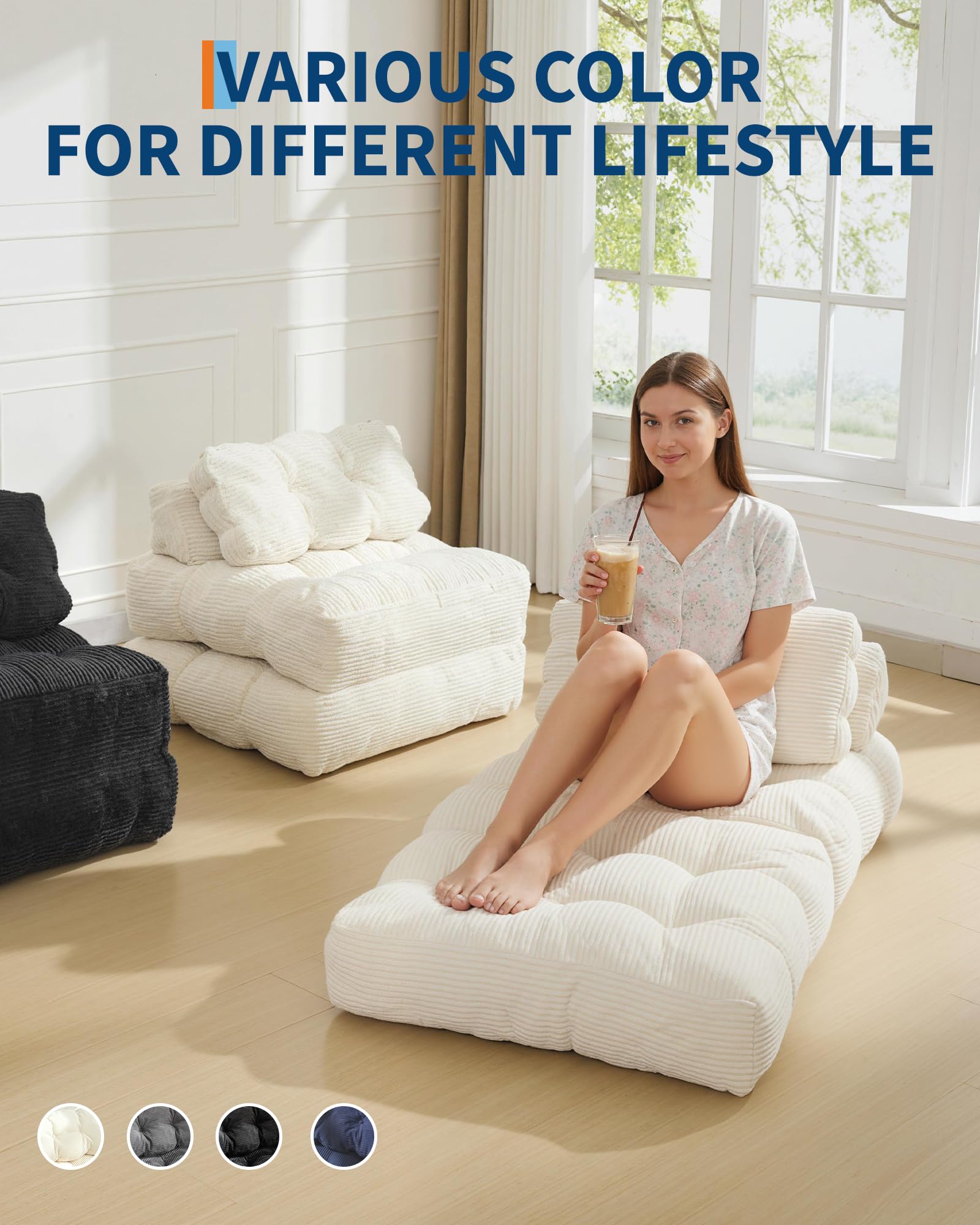 Canapé-lit pliant 3 en 1 Garvee avec coussins, matelas pliable, soutien lombaire et fauteuil portable confortable, en velours côtelé beige, pour salon et chambre.
