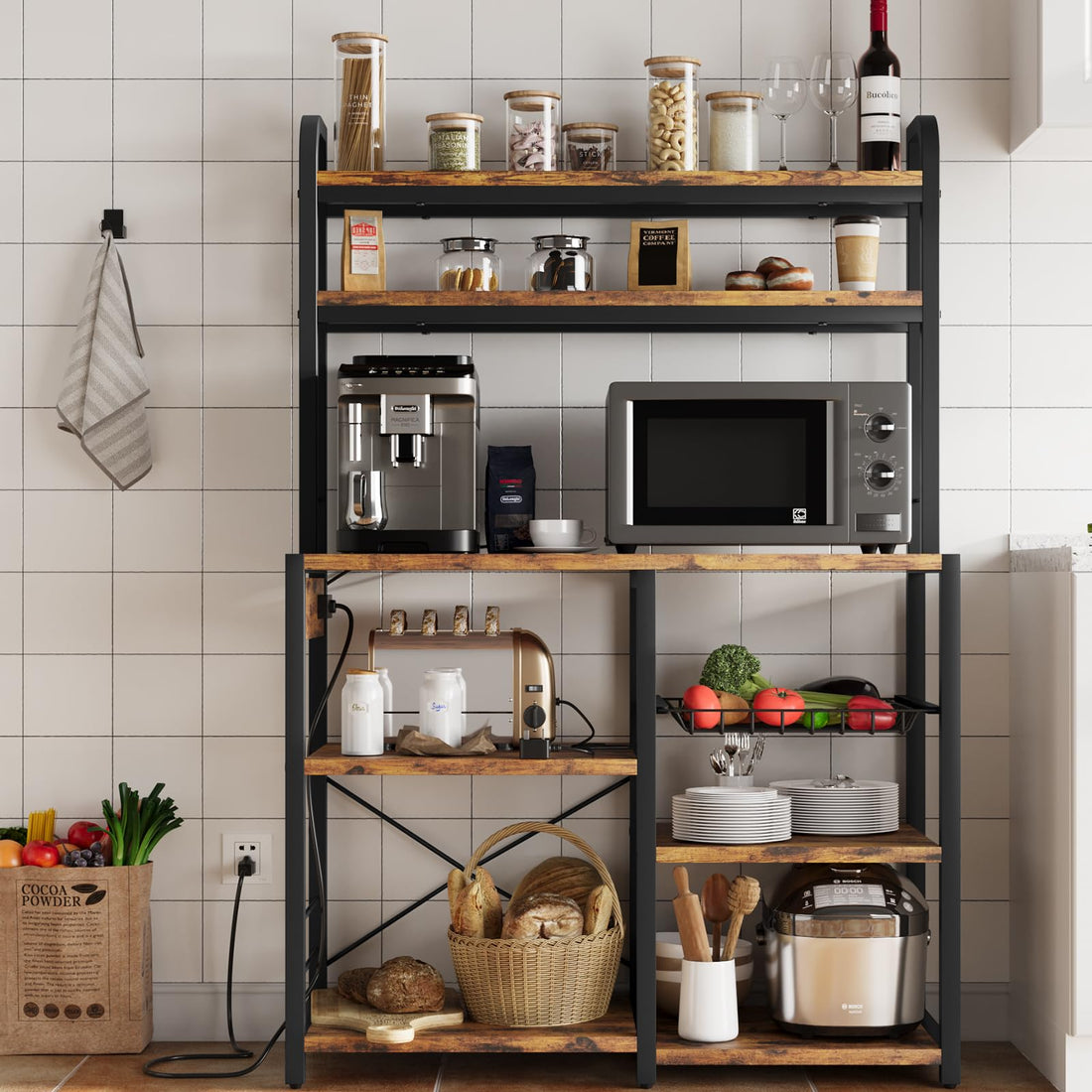 Étagère de boulanger Garvee avec 2 supports, panier à 5 niveaux en fil métallique, bois et métal, pour cuisine et coin café, 90 x 40 x 150 cm, robuste et polyvalente