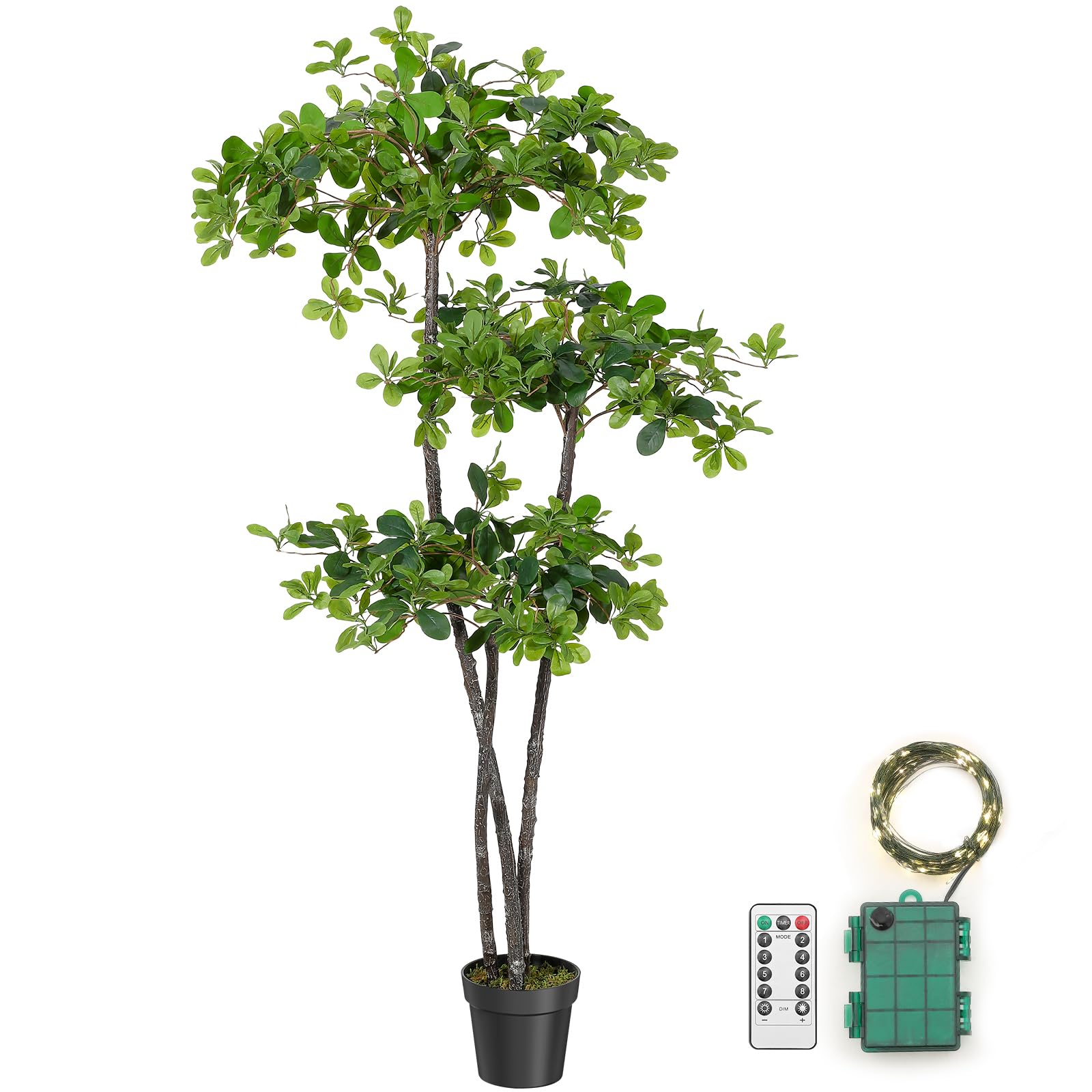 Garvee Olivier artificiel 183 cm avec 100 LED décoratives, minuterie intégrée et pot stable, décoration intérieure, vert