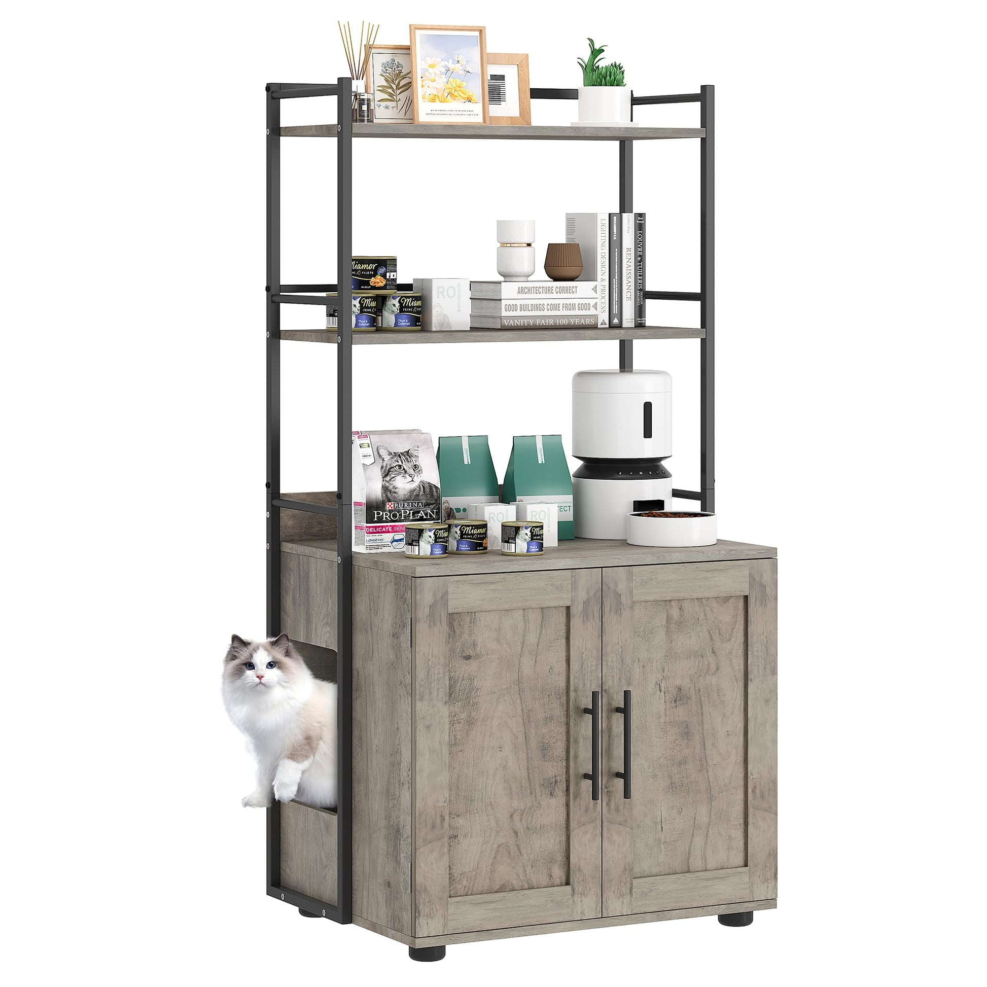 Meuble pour litière Garvee avec étagères de rangement, meuble 2 en 1 pour chat, MDF et fer, gris, pour usage intérieur, 3 étagères, robuste et sans odeur