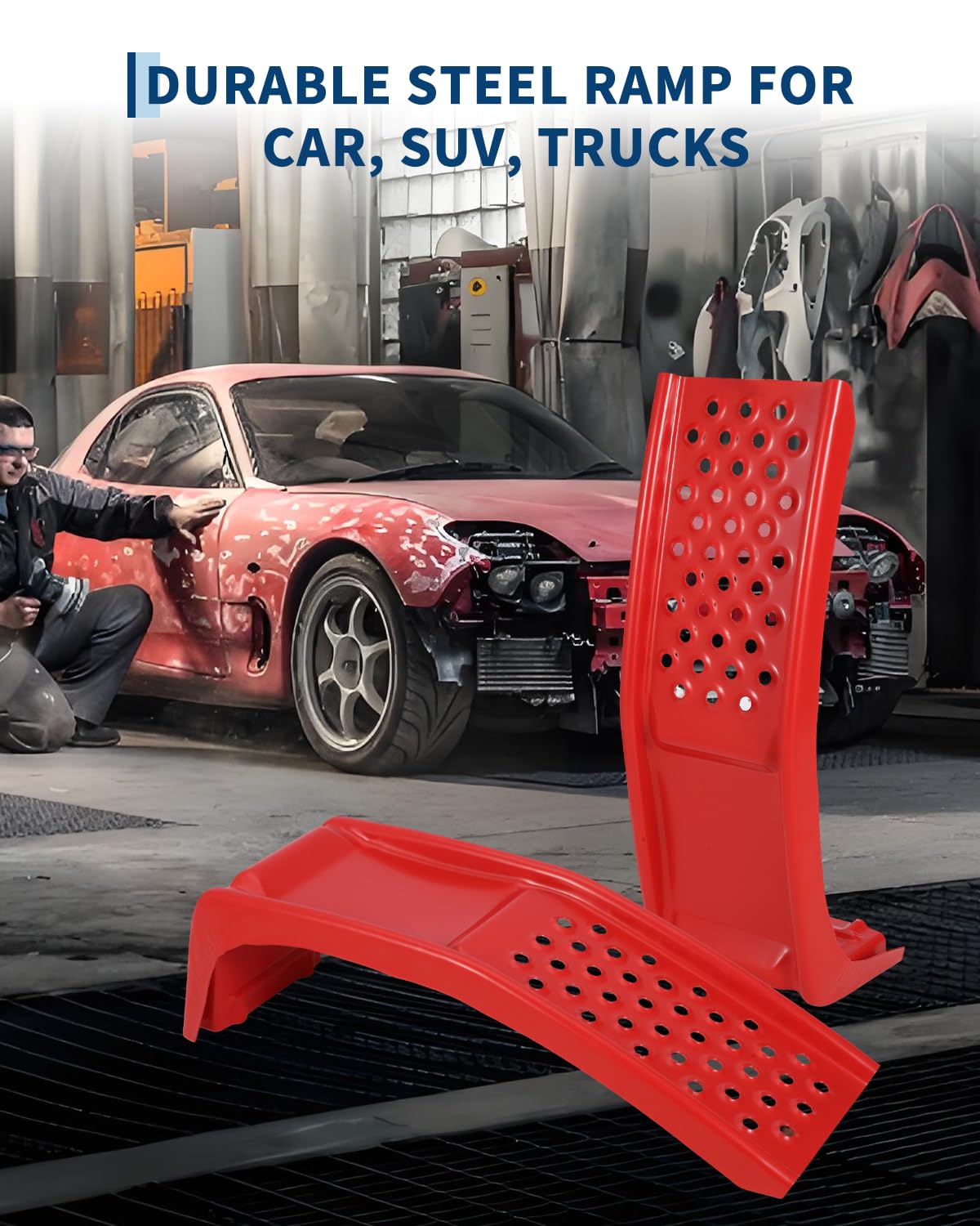 Ensemble de rampes de levage Garvee pour voiture, capacité de 3630 kg (8000 lb), 2 rampes en acier, hauteur de levage de 20 cm (8 po), antidérapantes, robustes, rouges, 91 x 33 x 23 cm (36 x 13 x 9 po), pour atelier et garage